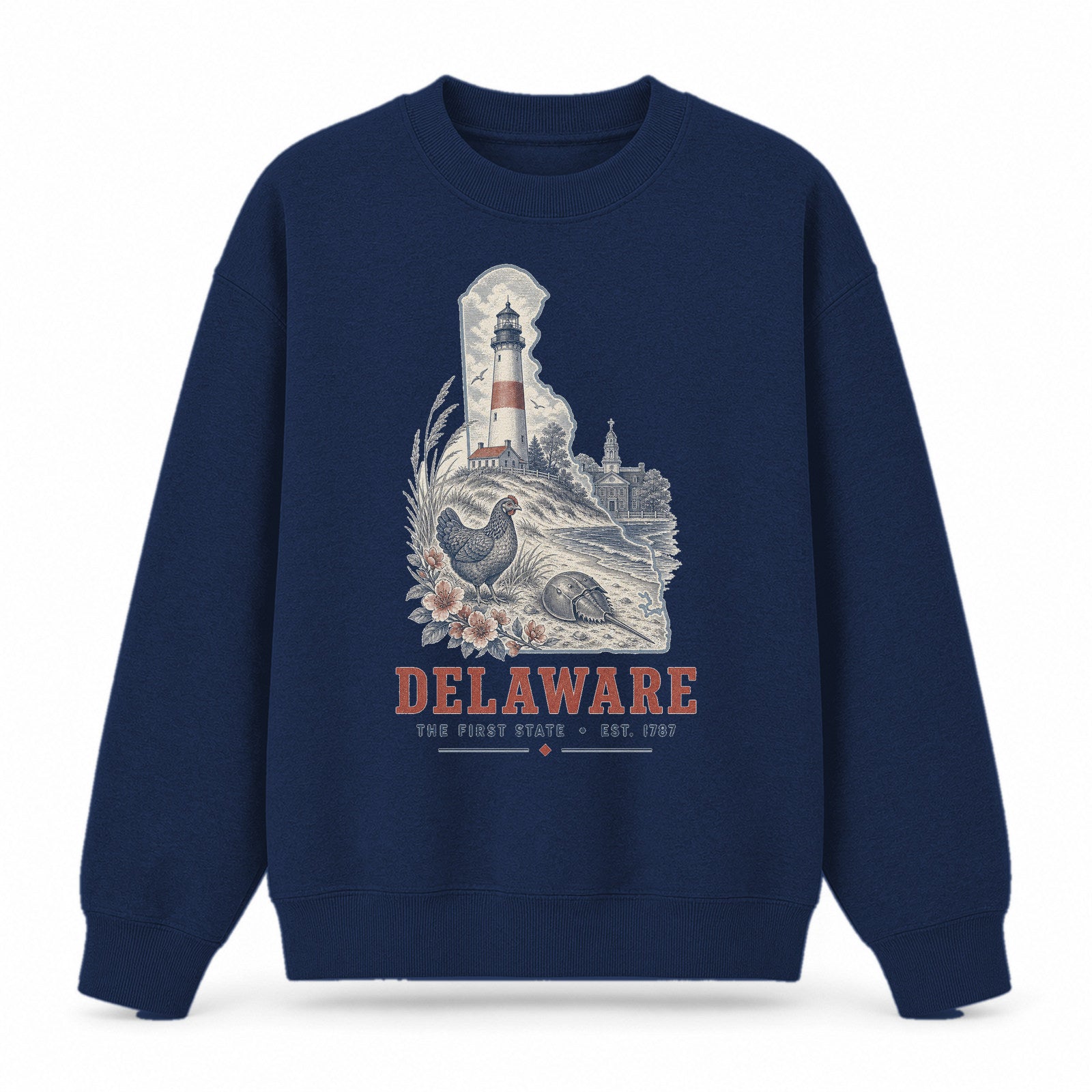 Vintage Delaware State Graphic Crewneck Sweatshirt in Navy, front view on a white background