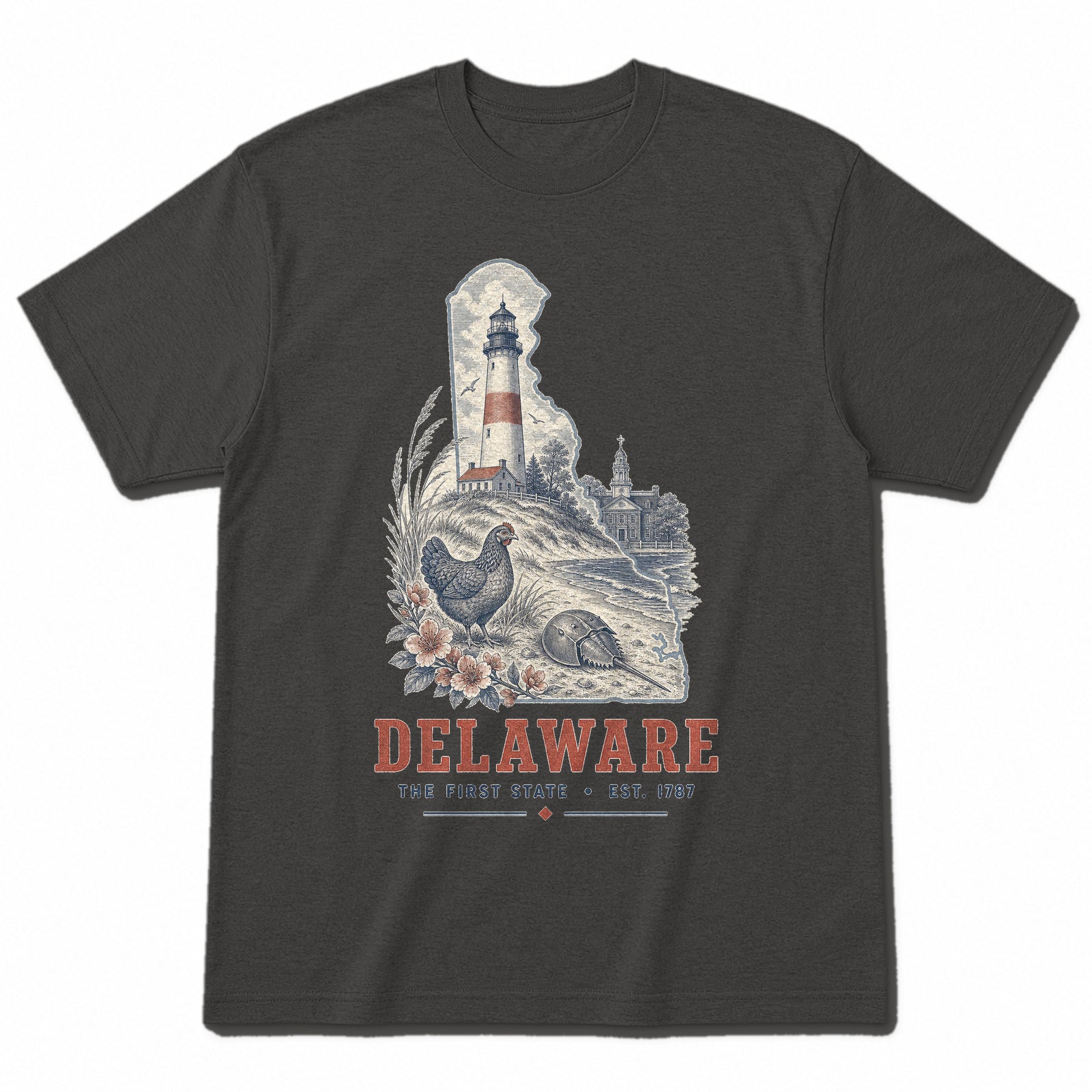 Vintage Delaware State Graphic T-Shirt in Vintage Charcoal, front view on a white background