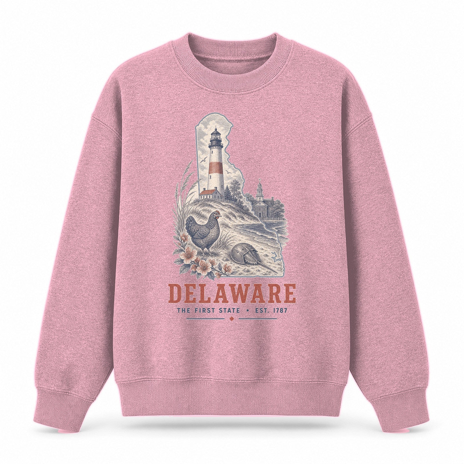 Vintage Delaware State Graphic Crewneck Sweatshirt in Pink, front view on a white background