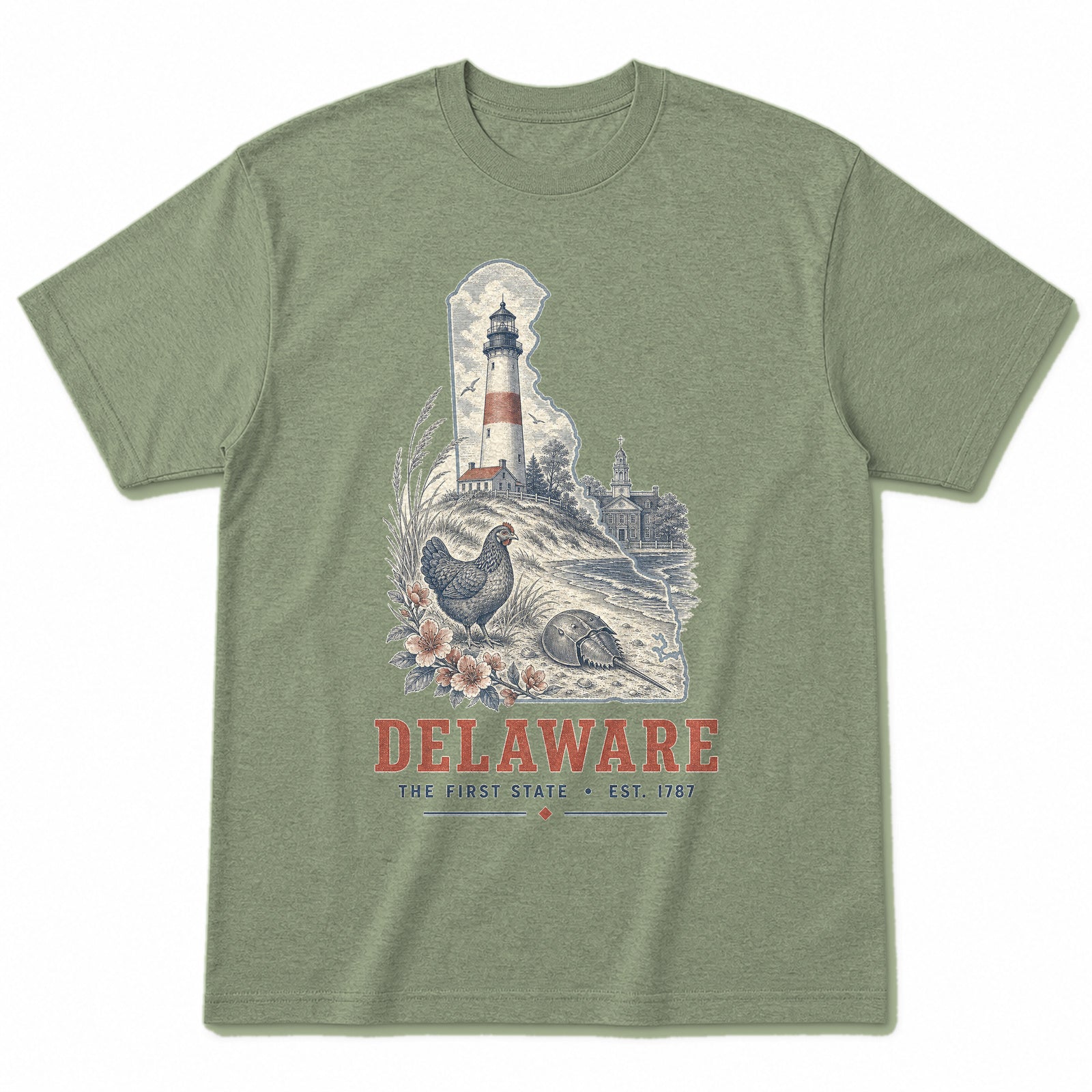 Vintage Delaware State Graphic T-Shirt in Light Sage Green, front view on a white background