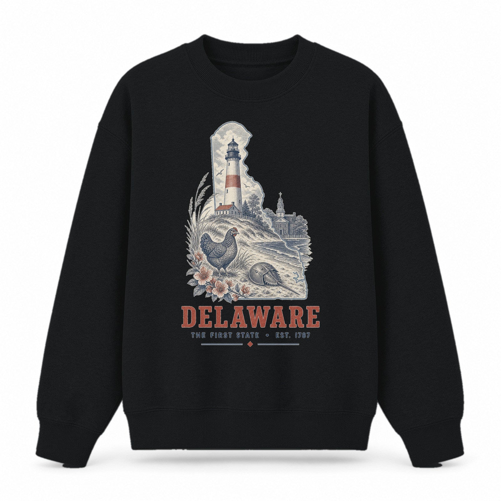 Vintage Delaware State Graphic Crewneck Sweatshirt in Black, front view on a white background