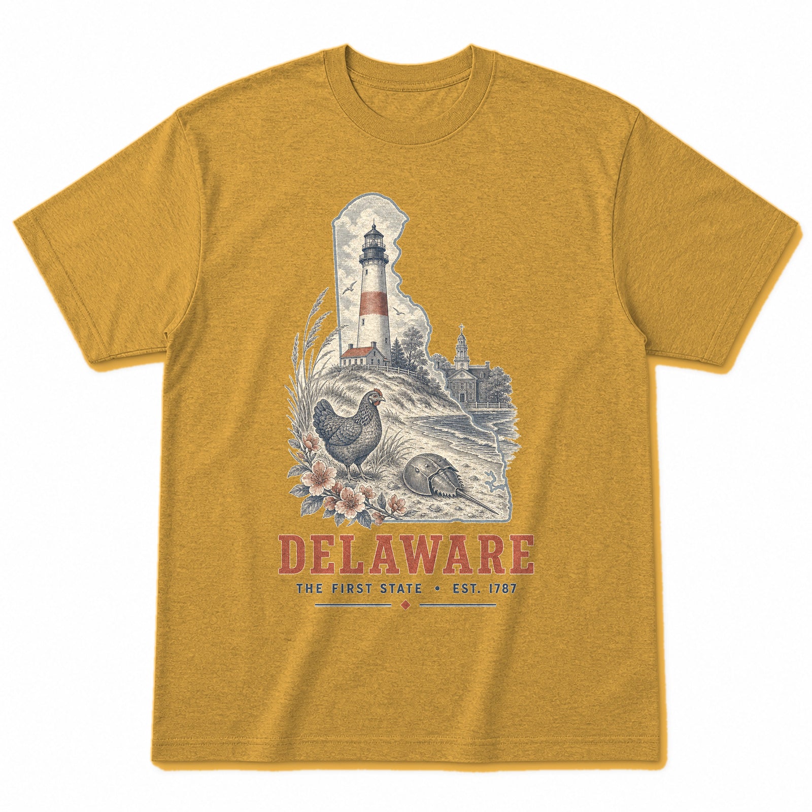 Vintage Delaware State Graphic T-Shirt in Vintage Mustard Yellow, front view on a white background