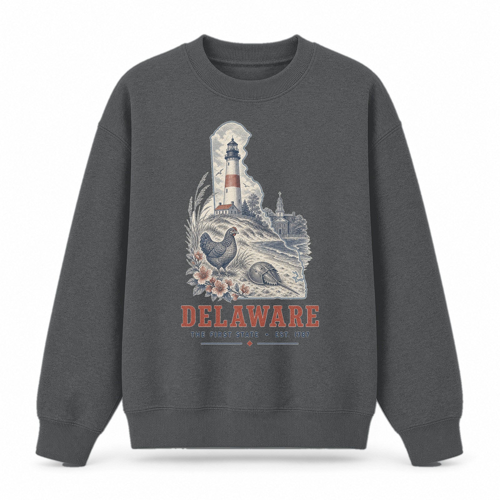 Vintage Delaware State Graphic Crewneck Sweatshirt in Dark Gray, front view on a white background
