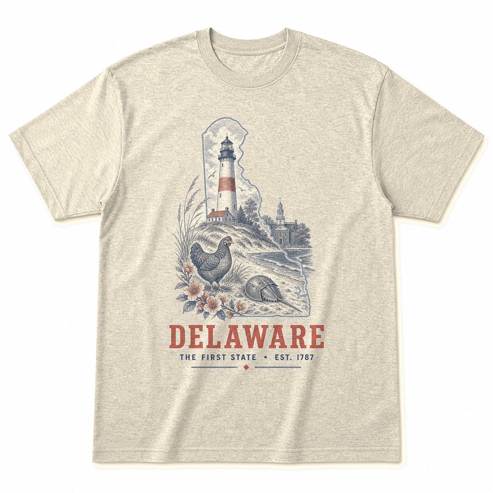 Vintage Delaware State Graphic T-Shirt in Natural Cream, front view on a white background
