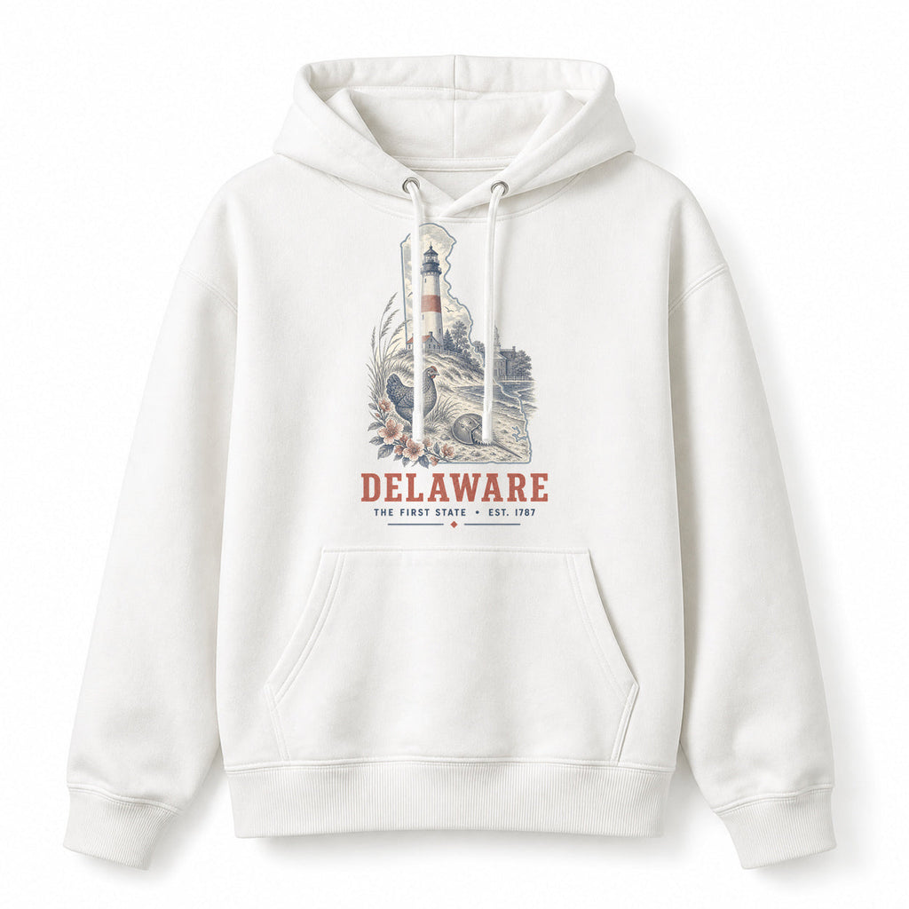 Vintage Delaware State Graphic Pullover Hoodie in White, front view on a white background