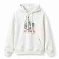 Vintage Delaware State Graphic Pullover Hoodie in White, front view on a white background