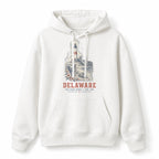 Vintage Delaware State Graphic Pullover Hoodie in White, front view on a white background