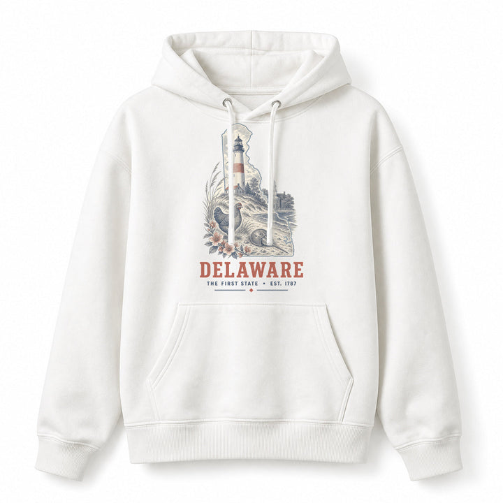 Vintage Delaware State Graphic Pullover Hoodie in White, front view on a white background