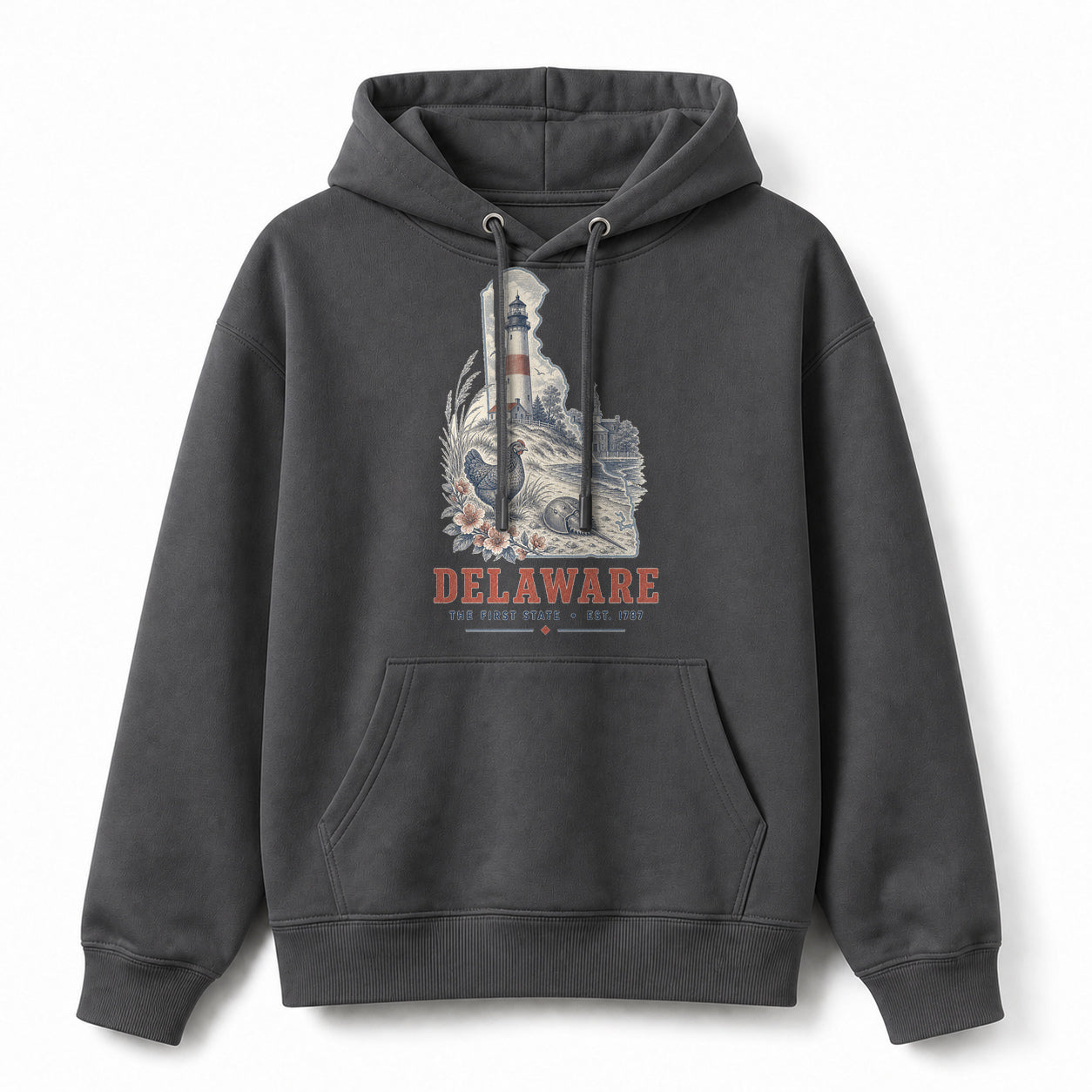 Vintage Delaware State Graphic Pullover Hoodie in Dark Gray, front view on a white background
