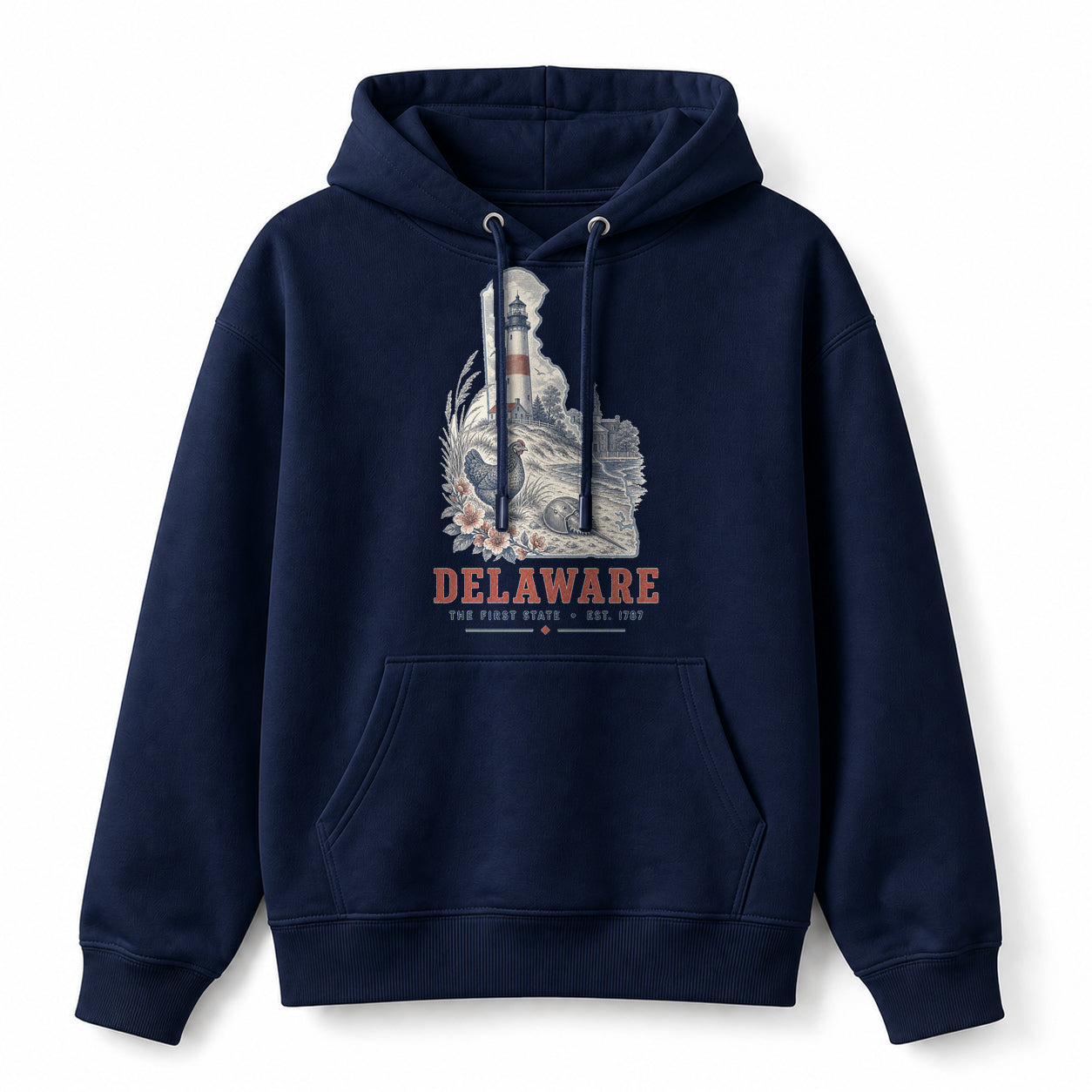 Vintage Delaware State Graphic Pullover Hoodie in Navy, front view on a white background