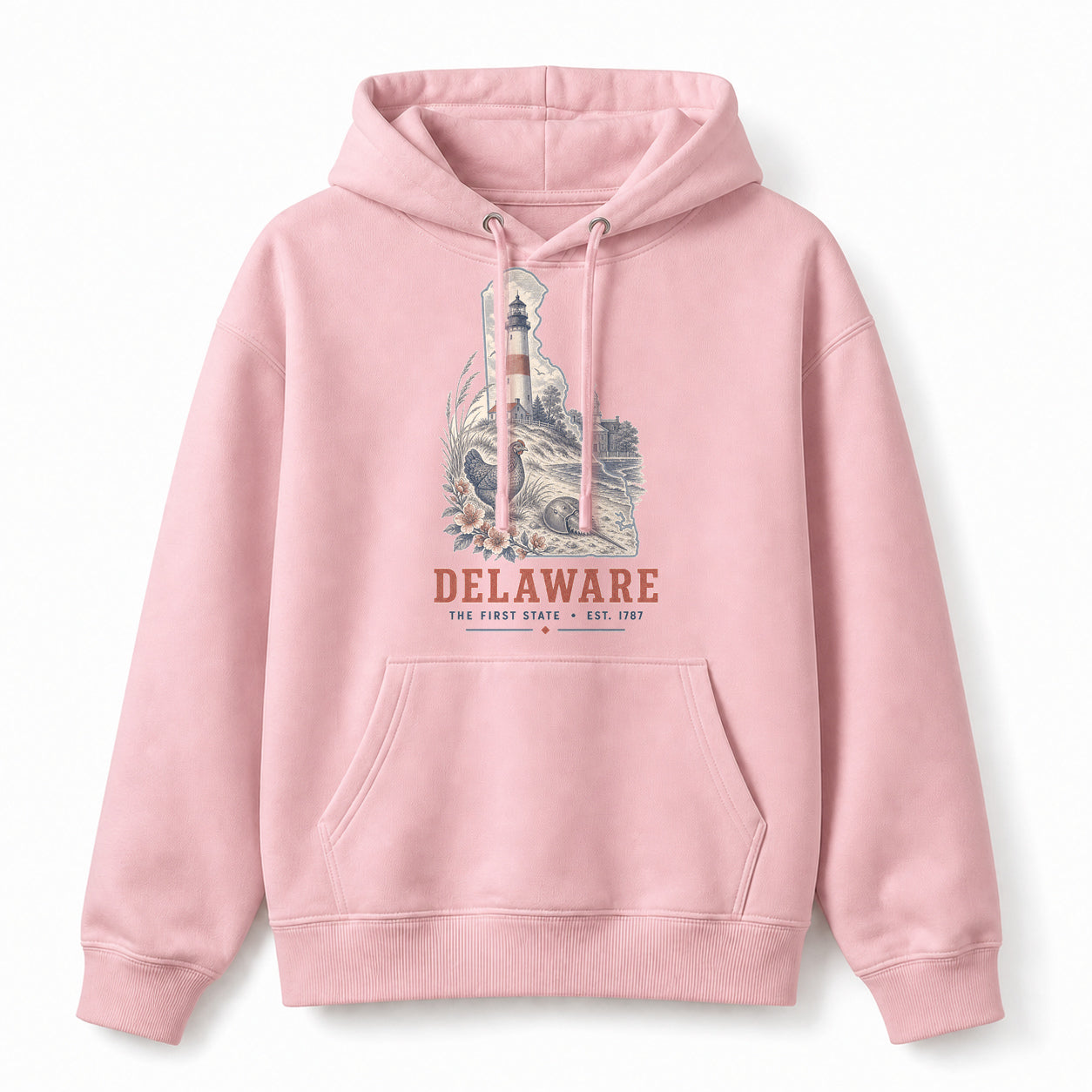 Vintage Delaware State Graphic Pullover Hoodie in Light Pink, front view on a white background