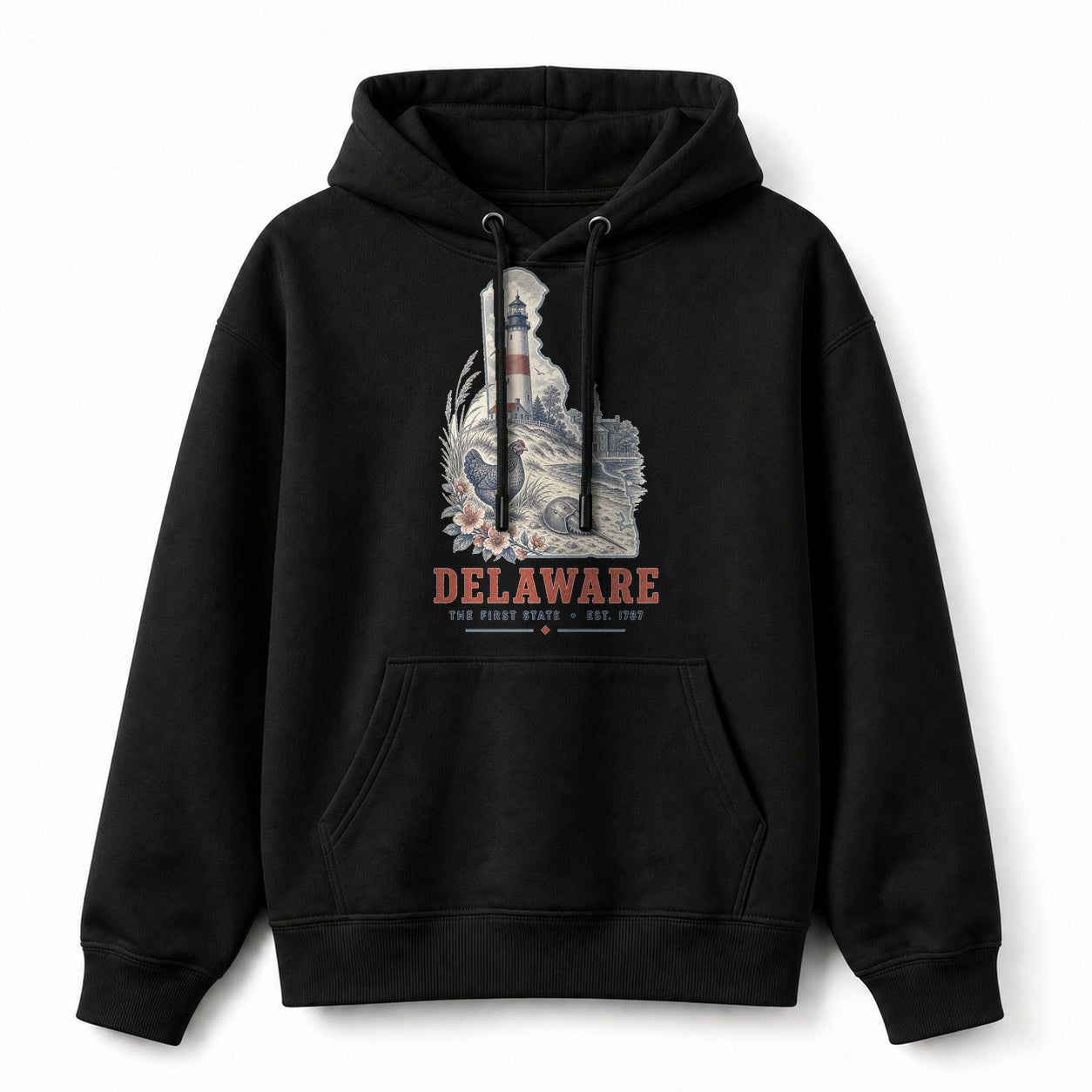 Vintage Delaware State Graphic Pullover Hoodie in Black, front view on a white background