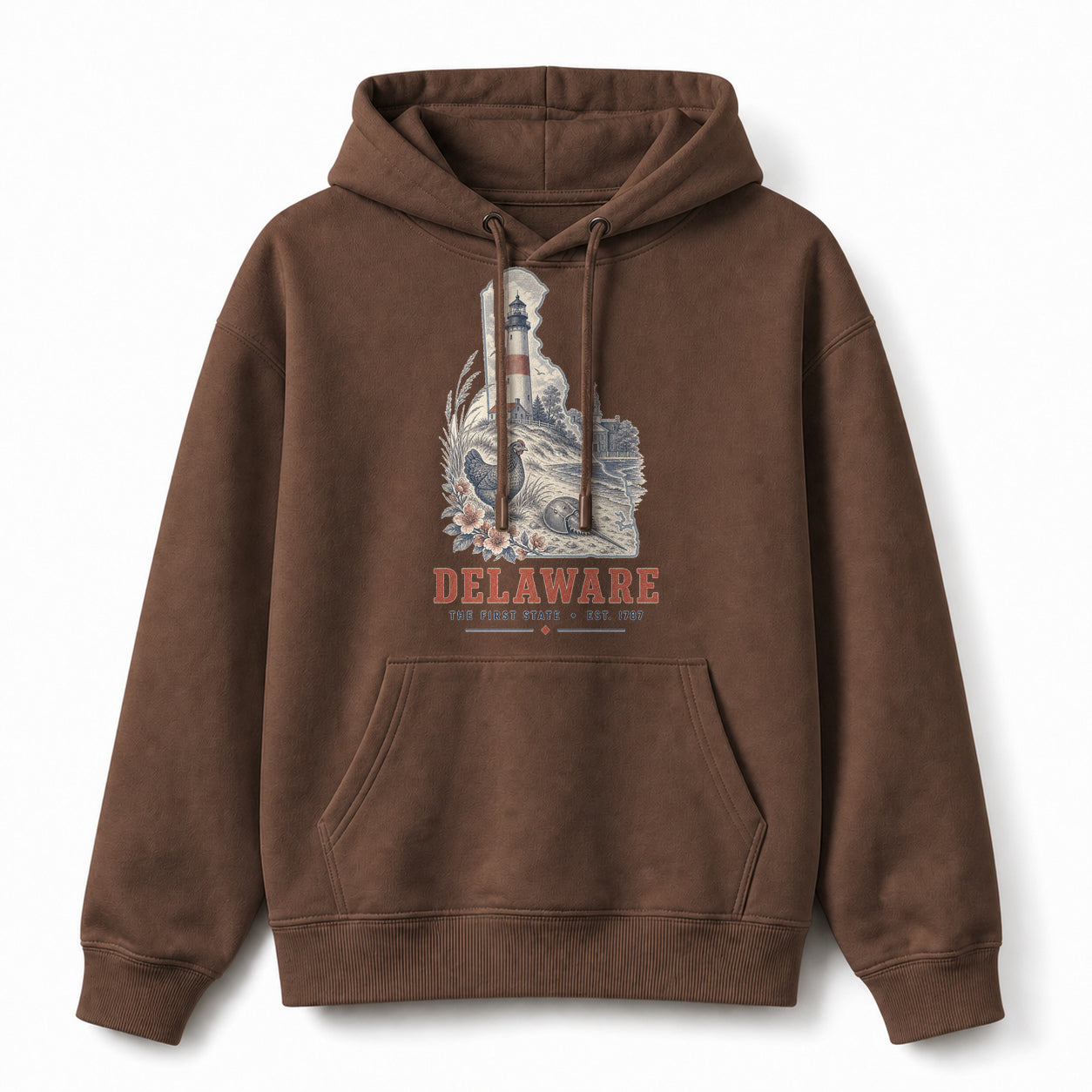 Vintage Delaware State Graphic Pullover Hoodie in Coffee Brown, front view on a white background