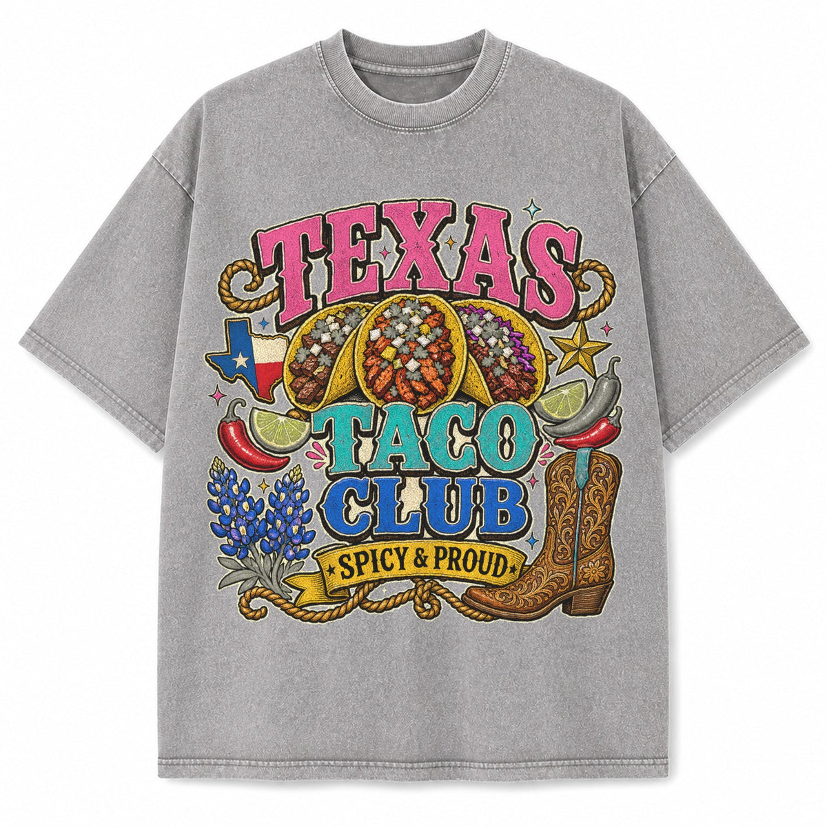 Vintage Washed Texas Taco Club Heavyweight Graphic Tee in Vintage Washed Heavyweight T-Shirt, Light Gray