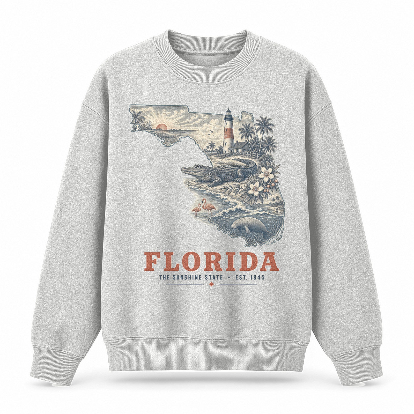 Vintage Florida State Graphic Crewneck Sweatshirt in Light Gray, front view on a white background