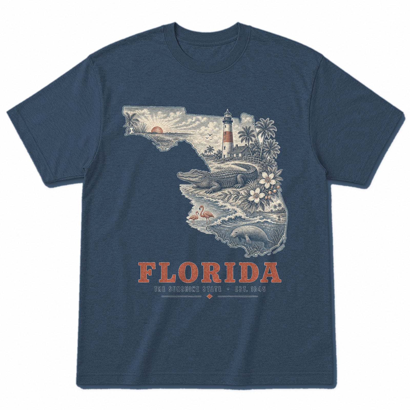 Vintage Florida State Graphic T-Shirt in Washed Navy, front view on a white background