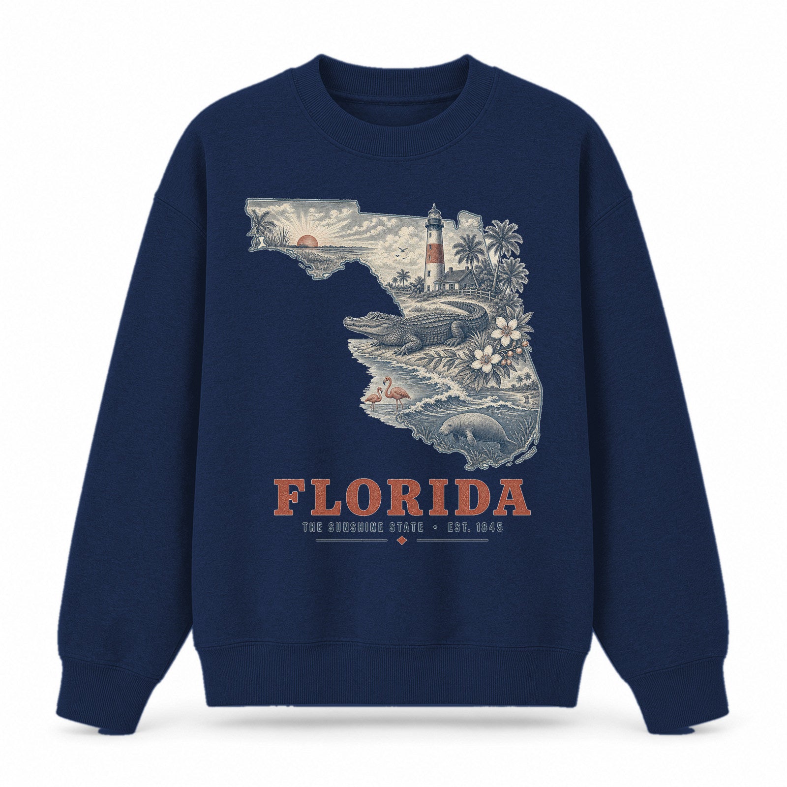 Vintage Florida State Graphic Crewneck Sweatshirt in Navy, front view on a white background
