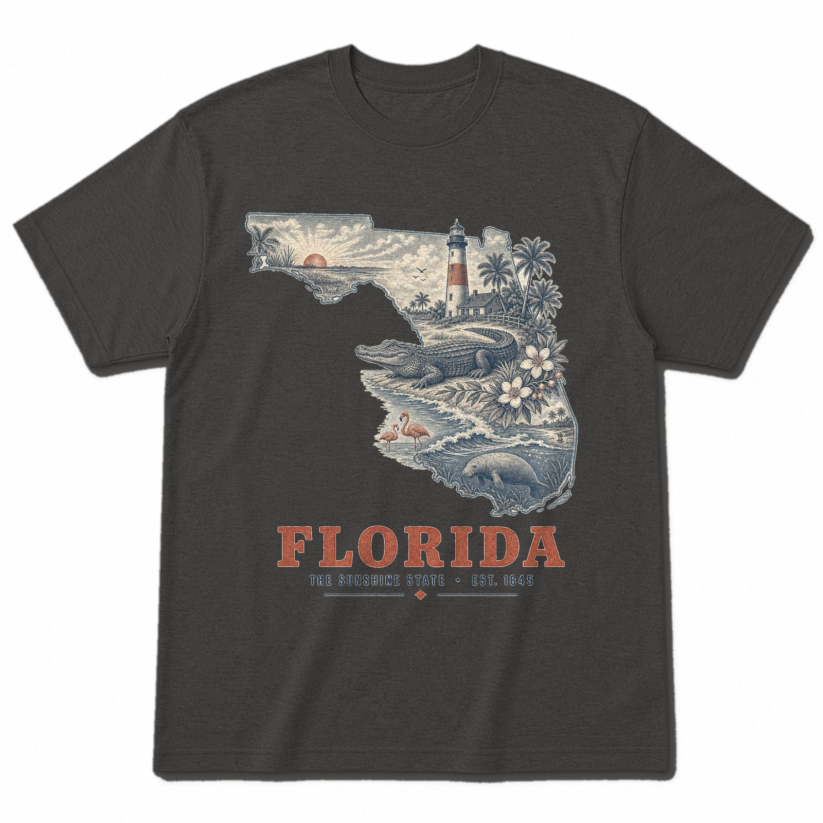 Vintage Florida State Graphic T-Shirt in Vintage Charcoal, front view on a white background