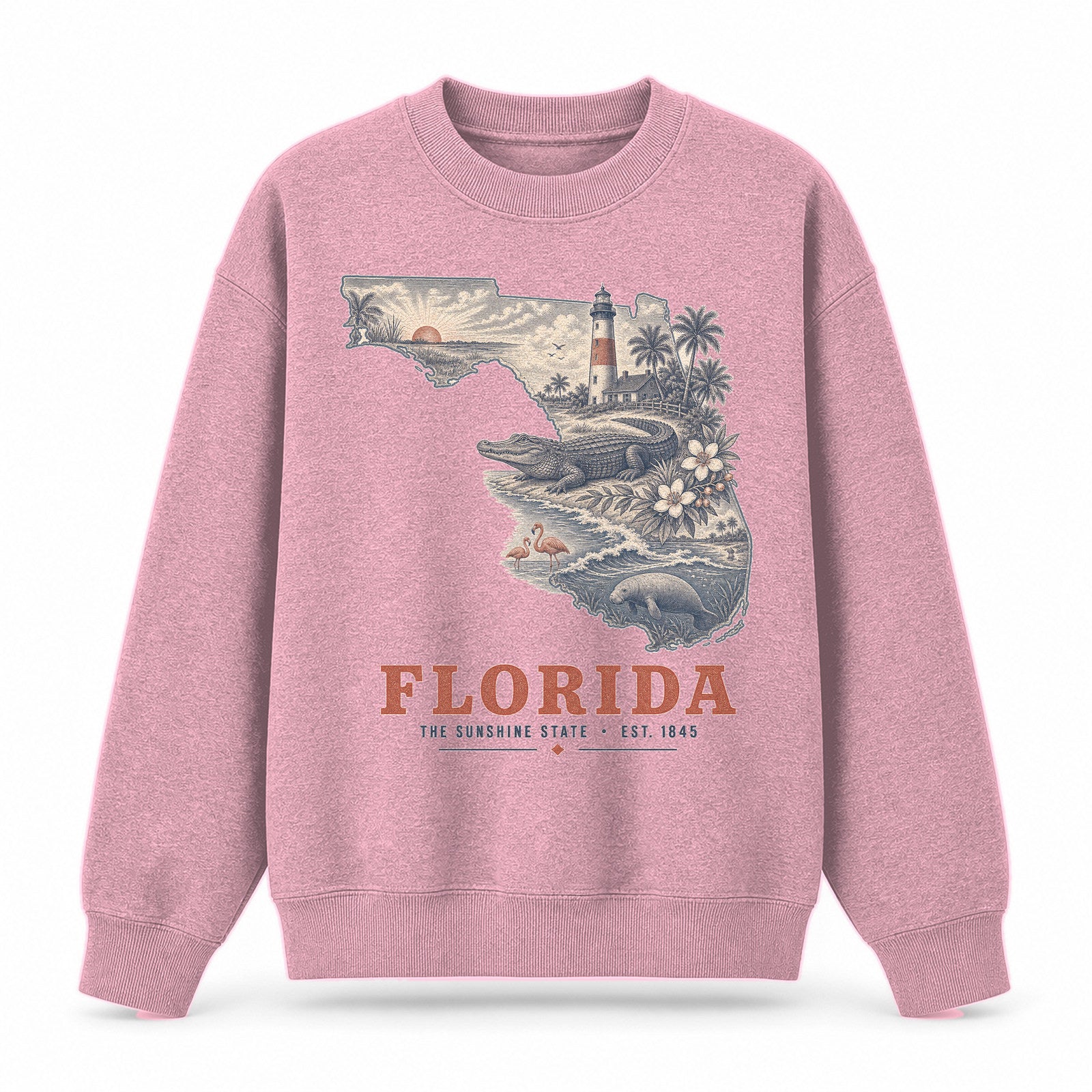 Vintage Florida State Graphic Crewneck Sweatshirt in Pink, front view on a white background