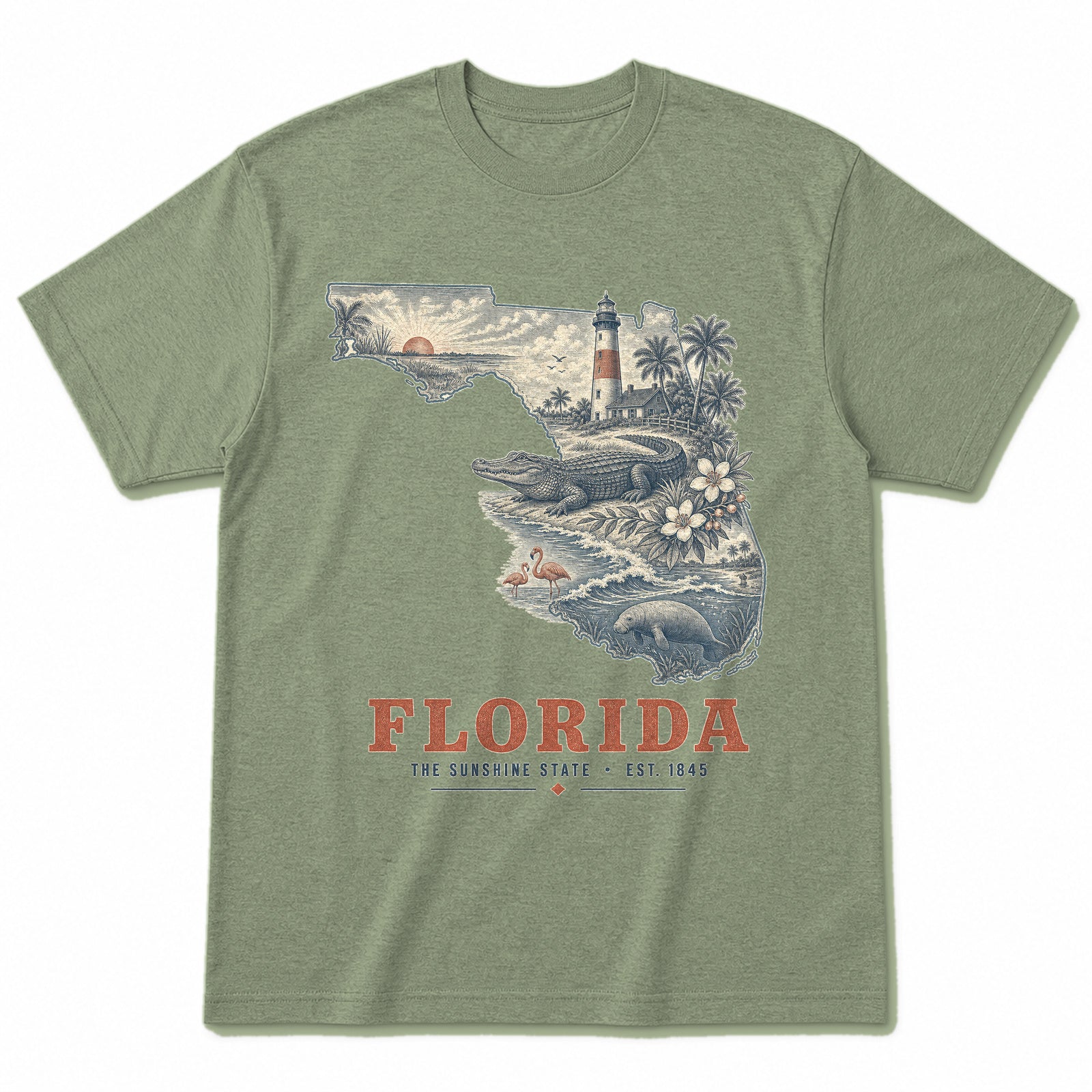 Vintage Florida State Graphic T-Shirt in Light Sage Green, front view on a white background