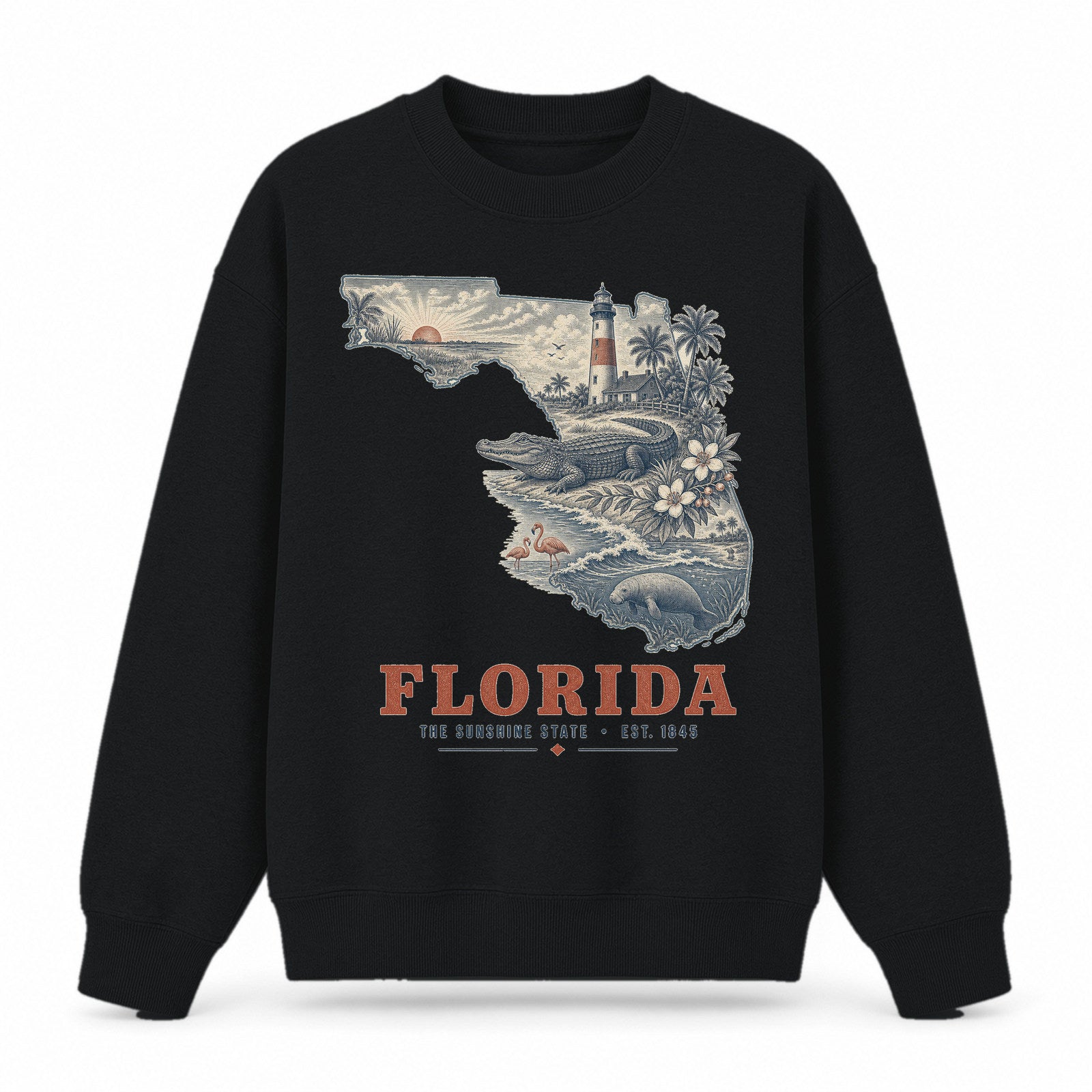 Vintage Florida State Graphic Crewneck Sweatshirt in Black, front view on a white background
