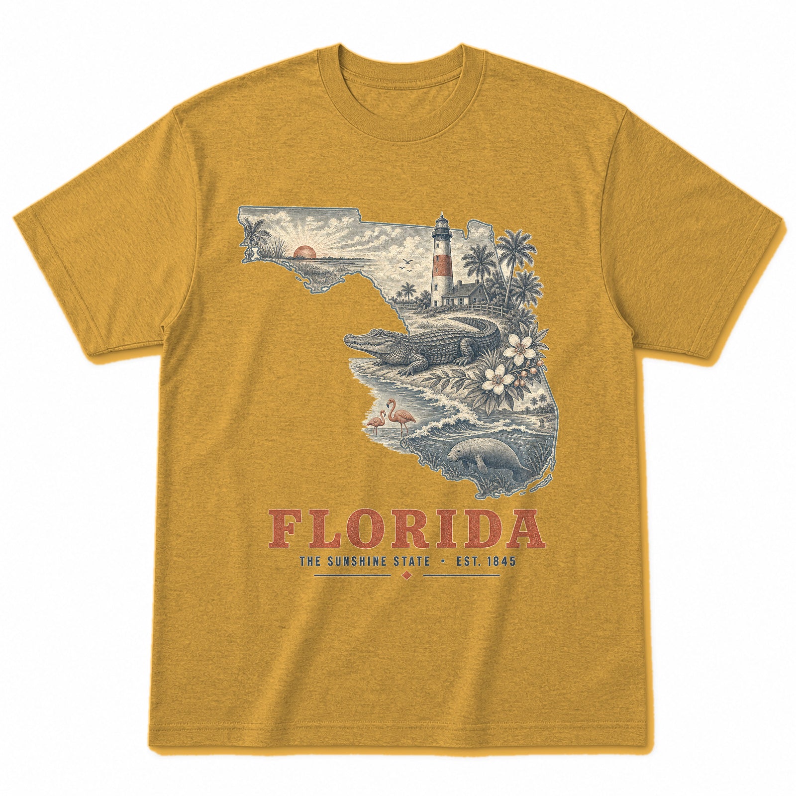 Vintage Florida State Graphic T-Shirt in Vintage Mustard Yellow, front view on a white background