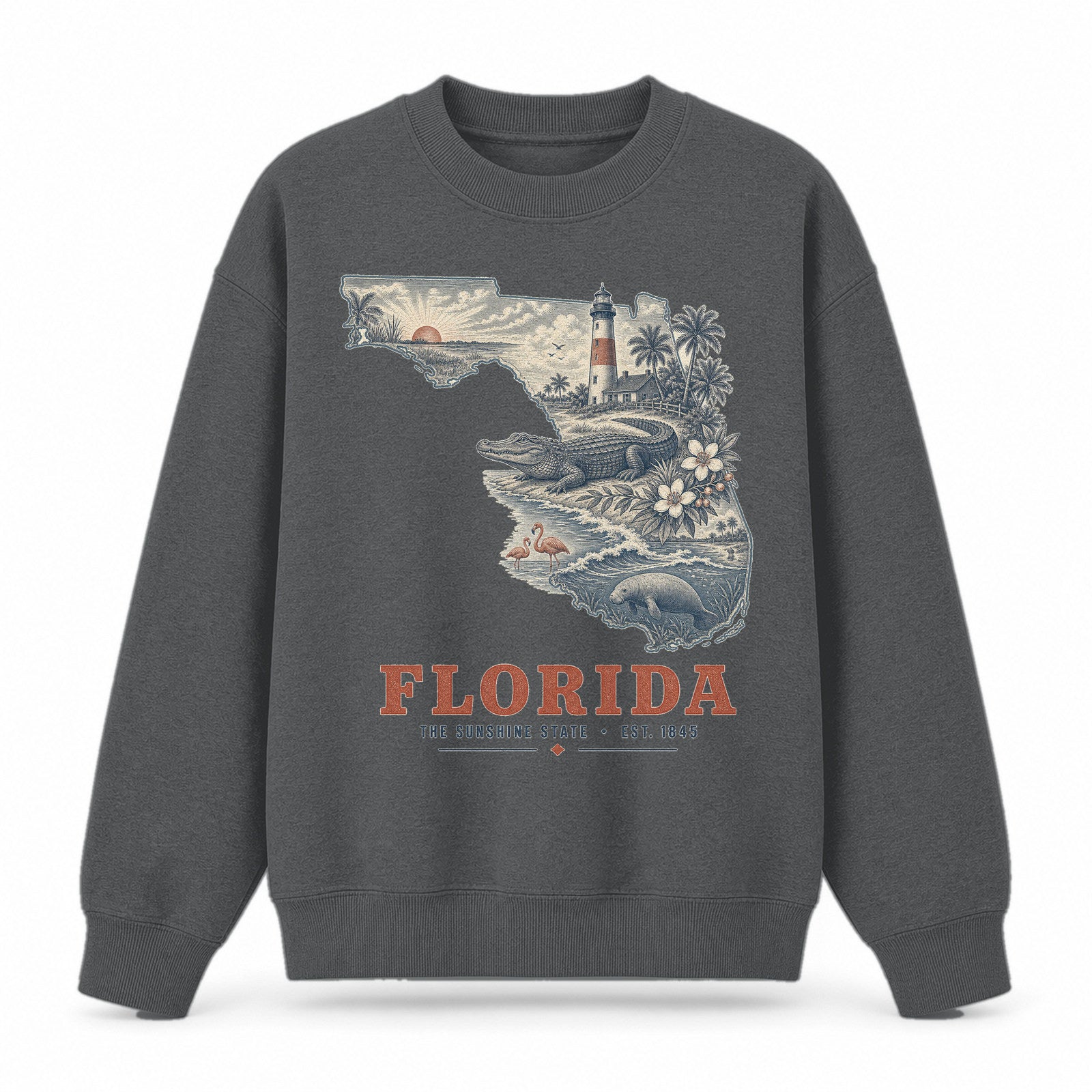 Vintage Florida State Graphic Crewneck Sweatshirt in Dark Gray, front view on a white background