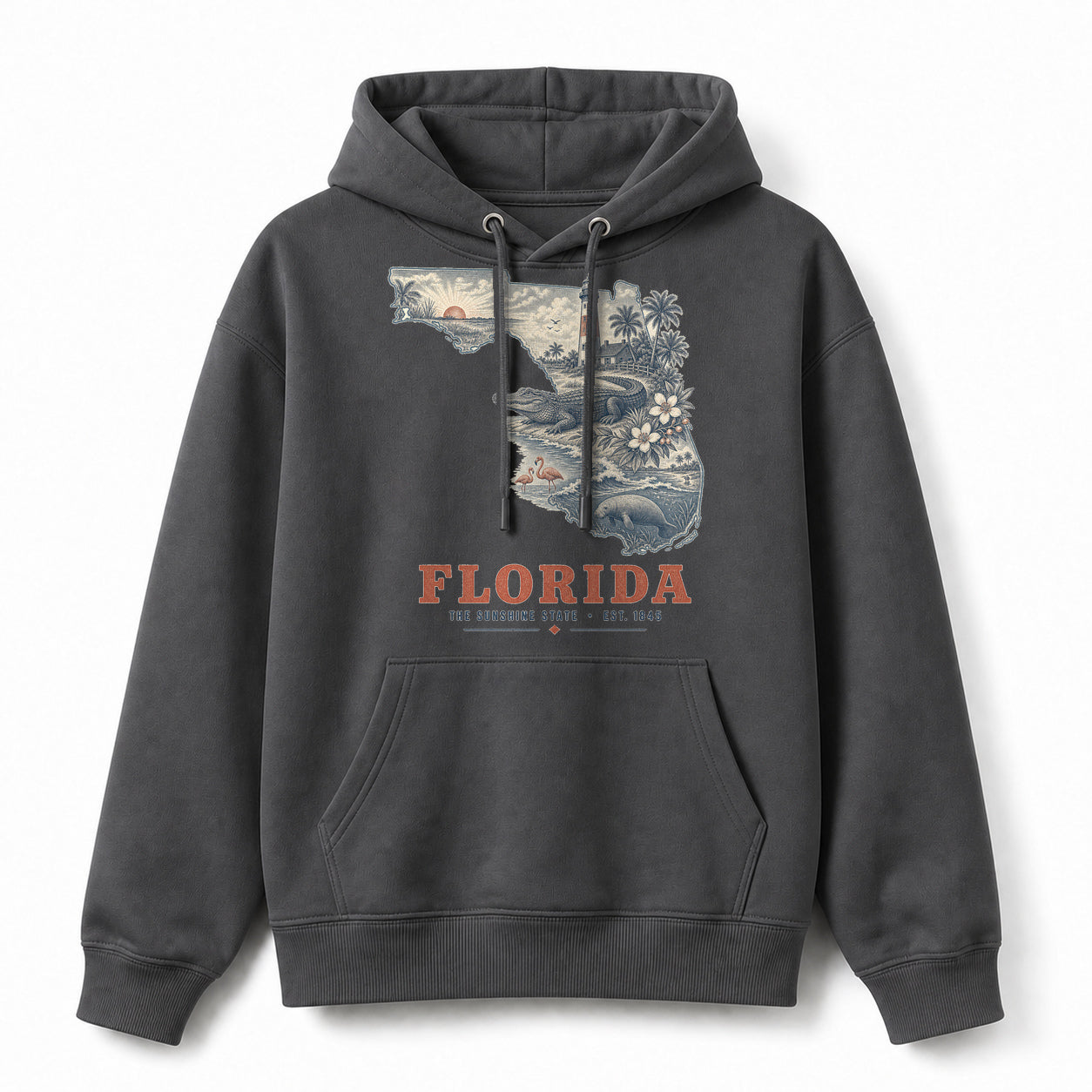 Vintage Florida State Graphic Pullover Hoodie in Dark Gray, front view on a white background