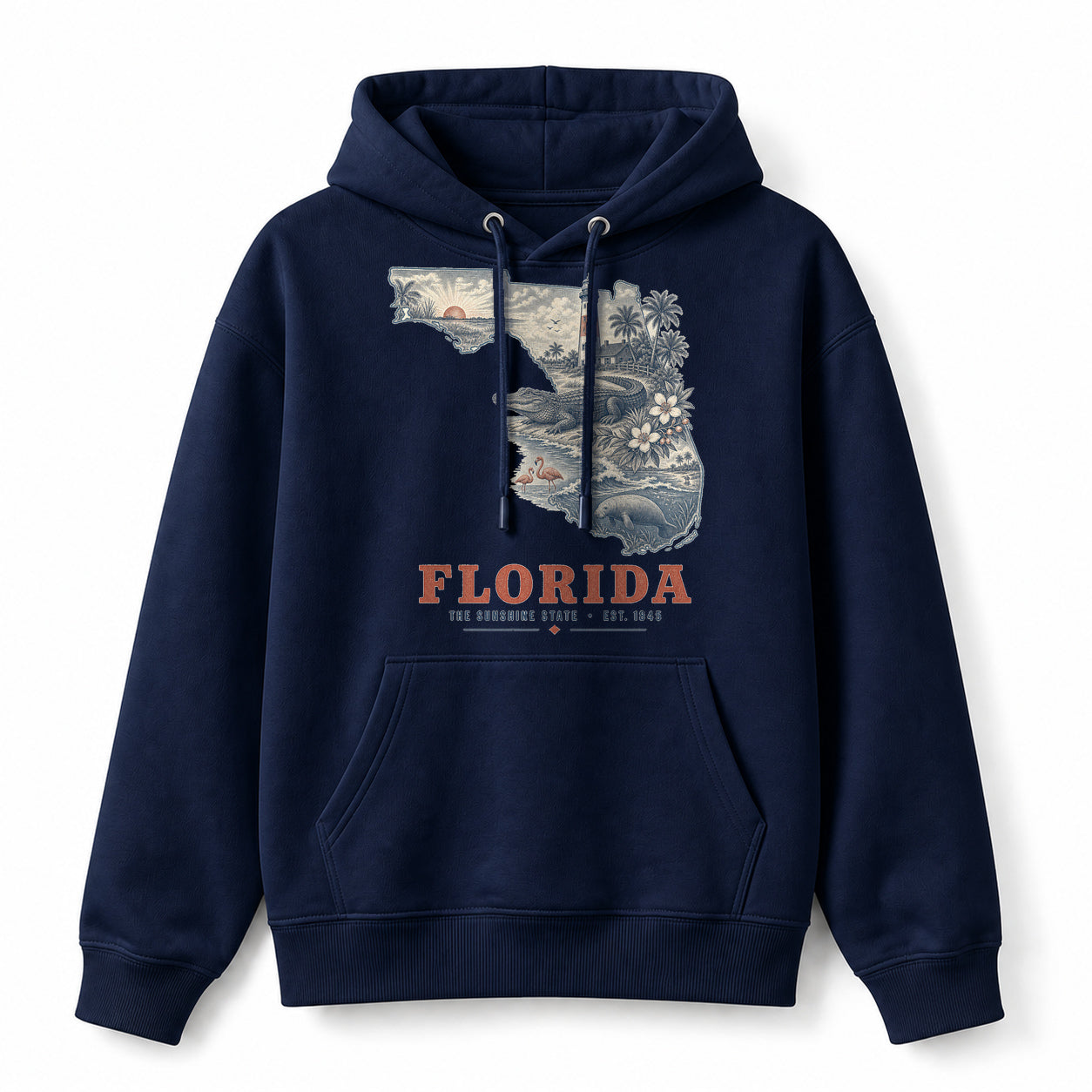 Vintage Florida State Graphic Pullover Hoodie in Navy, front view on a white background