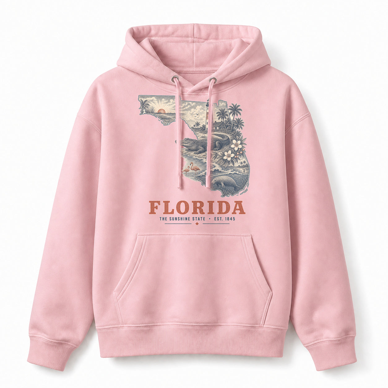 Vintage Florida State Graphic Pullover Hoodie in Light Pink, front view on a white background