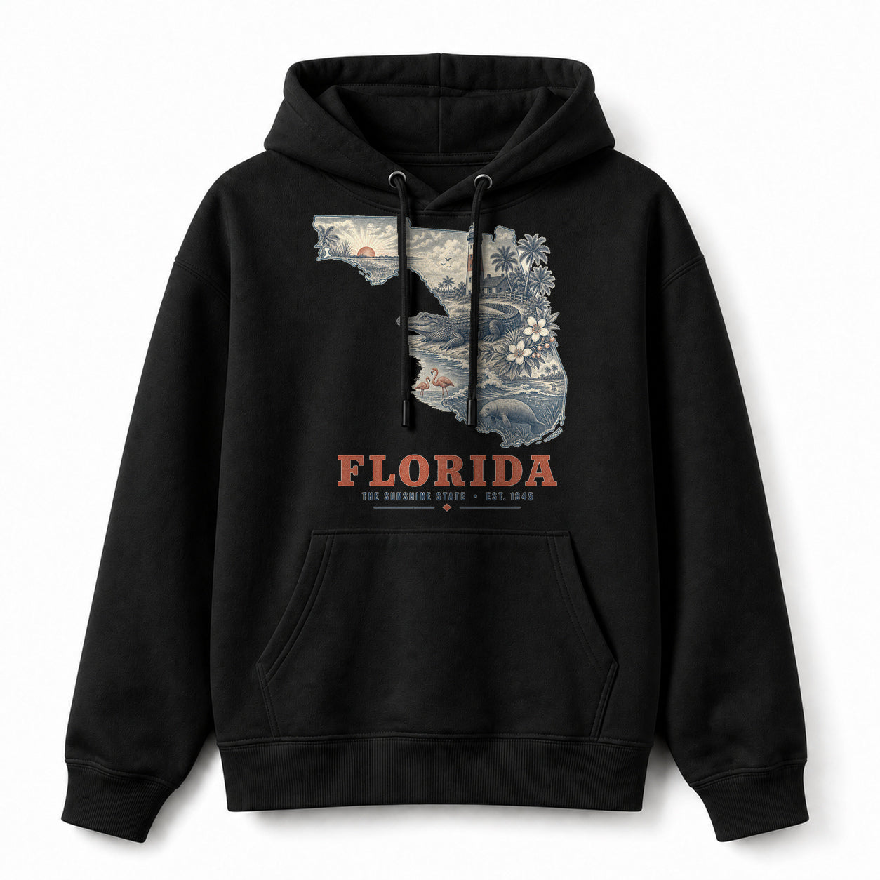 Vintage Florida State Graphic Pullover Hoodie in Black, front view on a white background