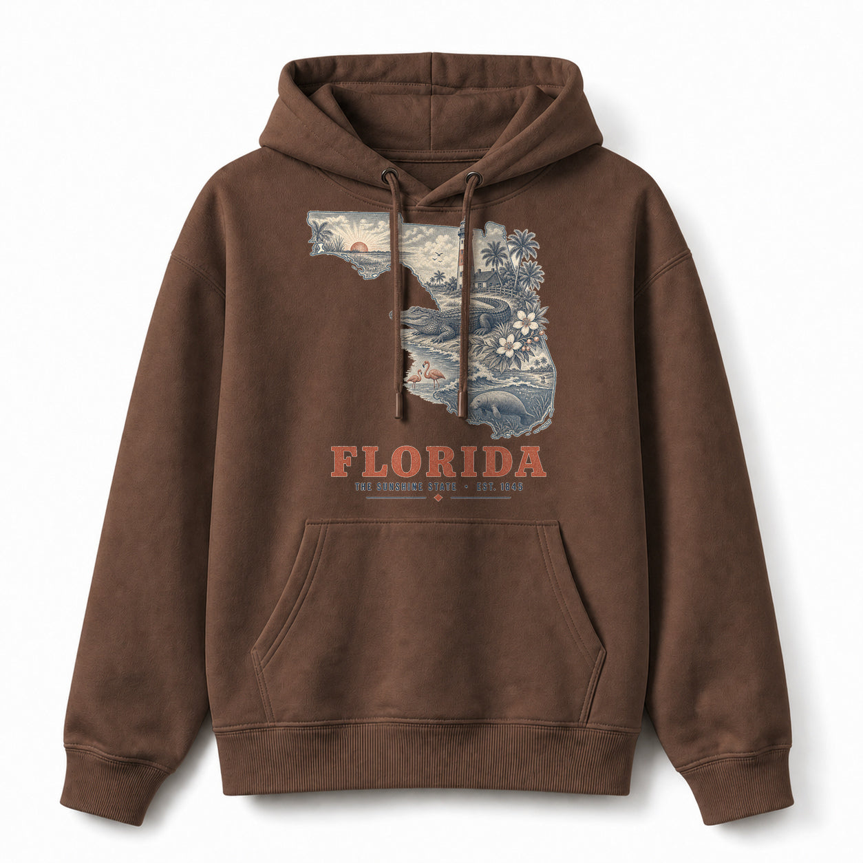 Vintage Florida State Graphic Pullover Hoodie in Coffee Brown, front view on a white background