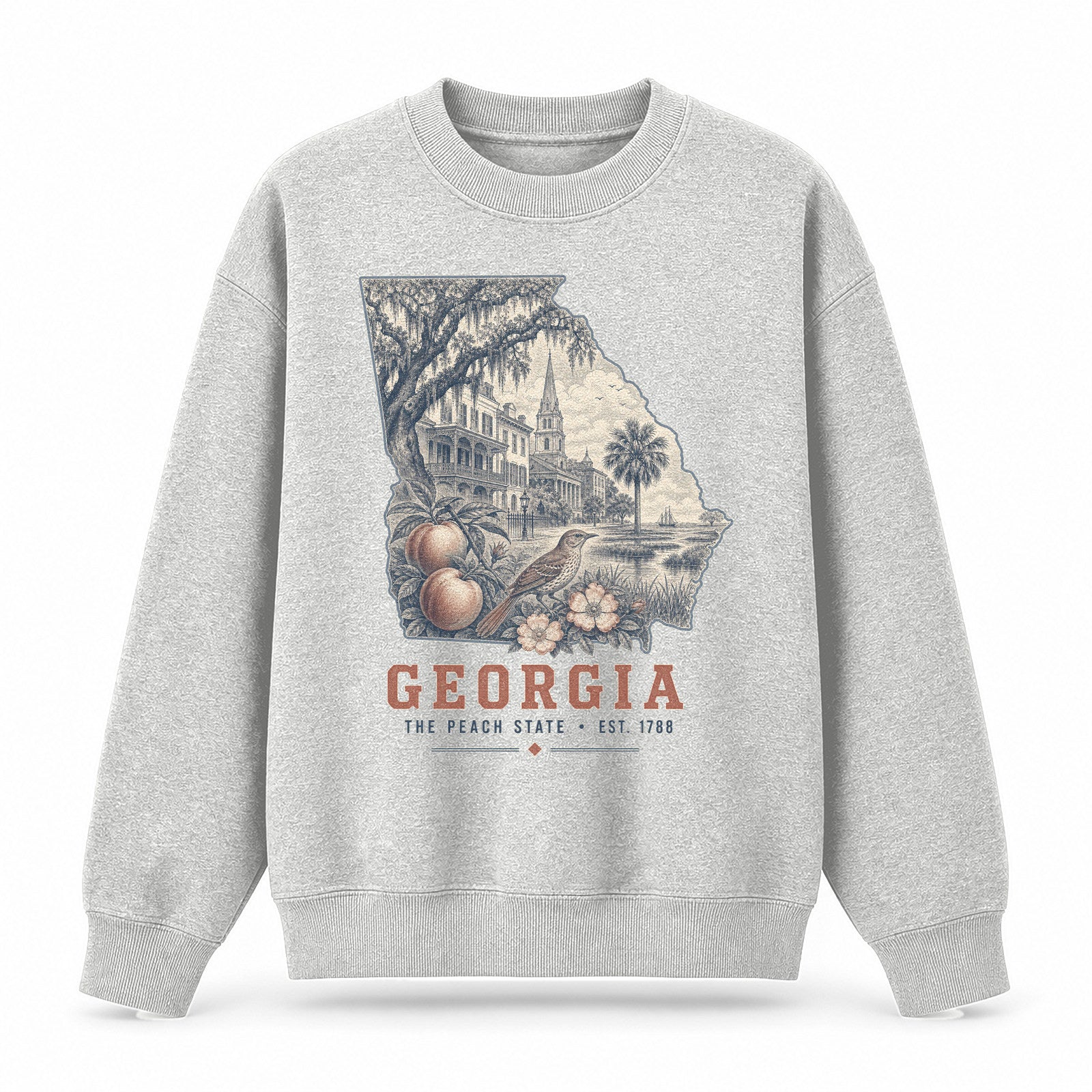 Vintage Georgia State Graphic Crewneck Sweatshirt in Light Gray, front view on a white background