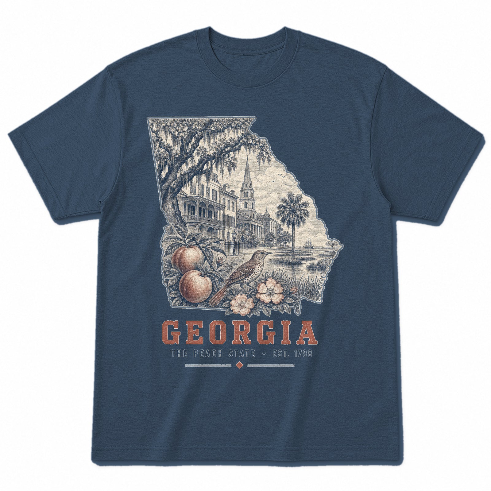 Vintage Georgia State Graphic T-Shirt in Washed Navy, front view on a white background