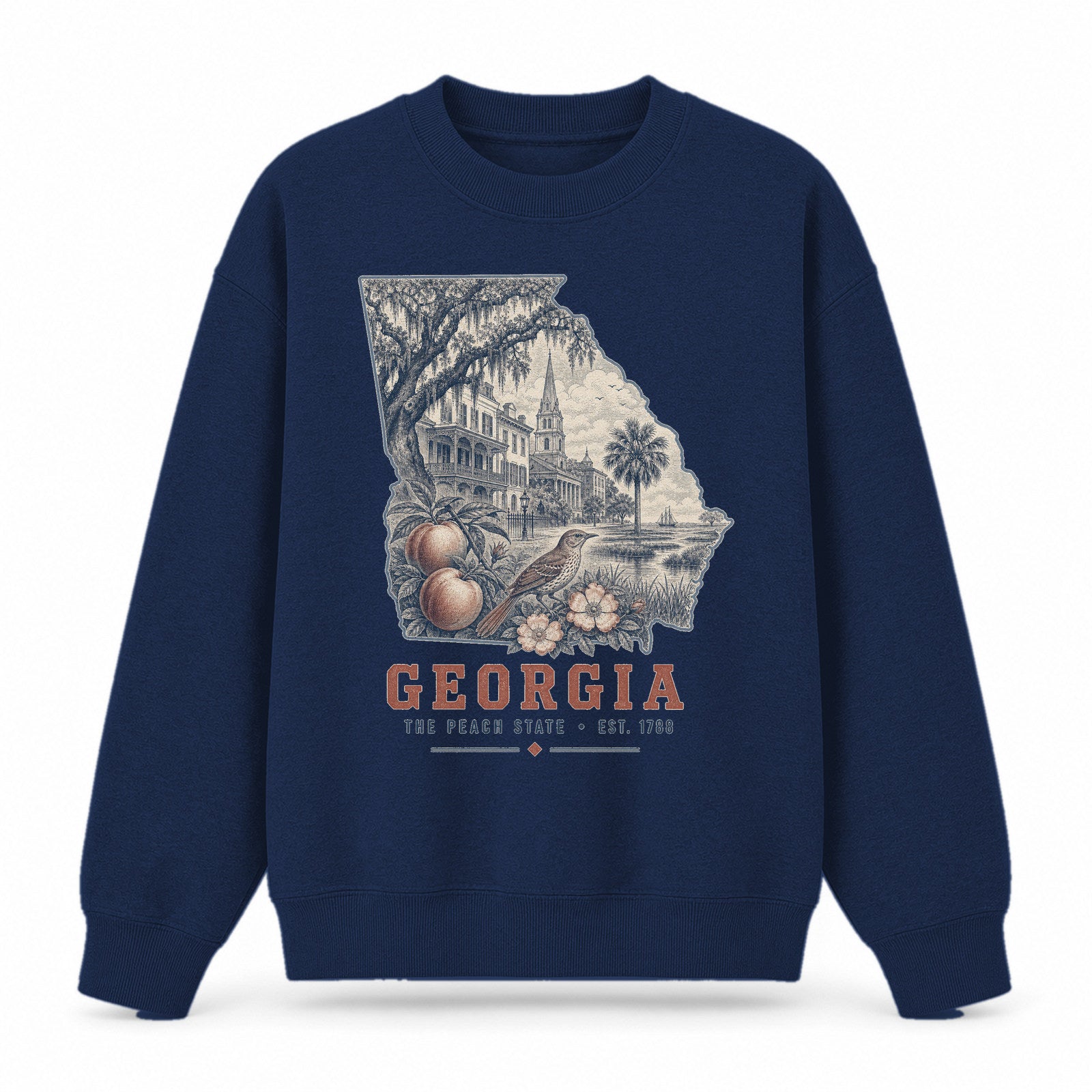Vintage Georgia State Graphic Crewneck Sweatshirt in Navy, front view on a white background