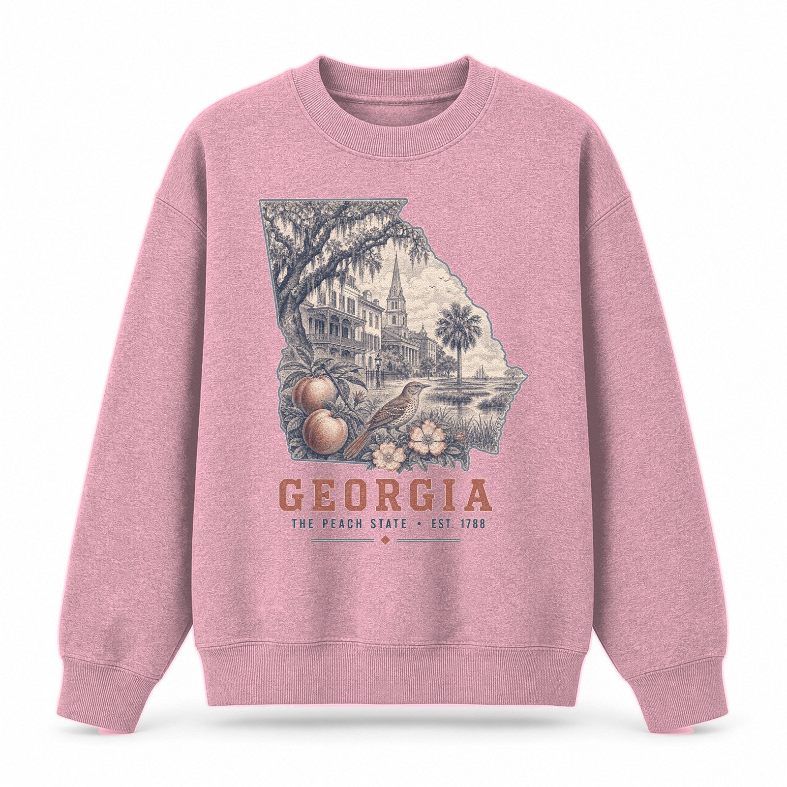 Vintage Georgia State Graphic Crewneck Sweatshirt in Pink, front view on a white background
