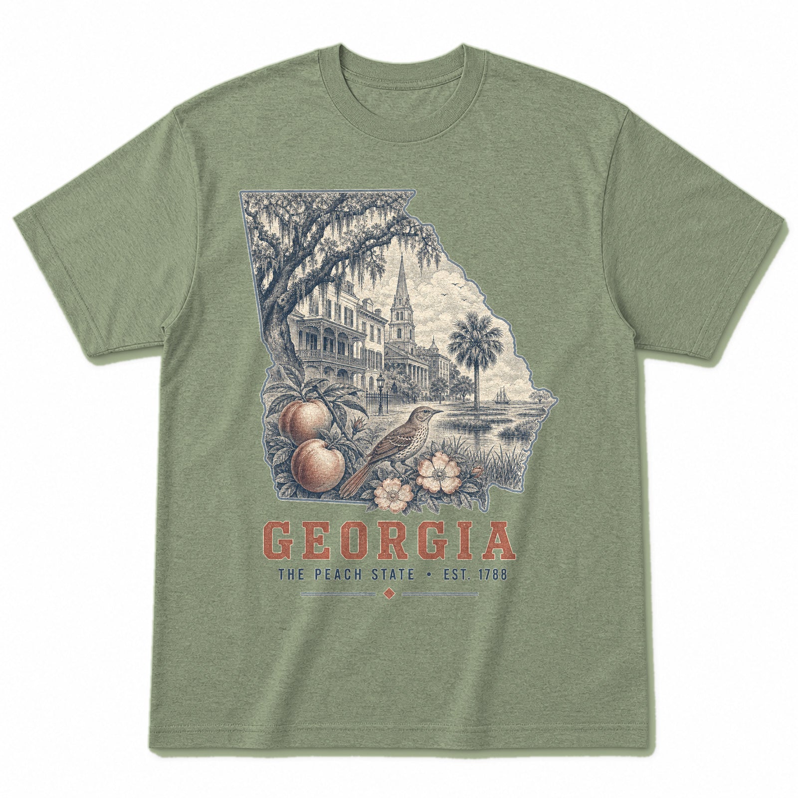 Vintage Georgia State Graphic T-Shirt in Light Sage Green, front view on a white background