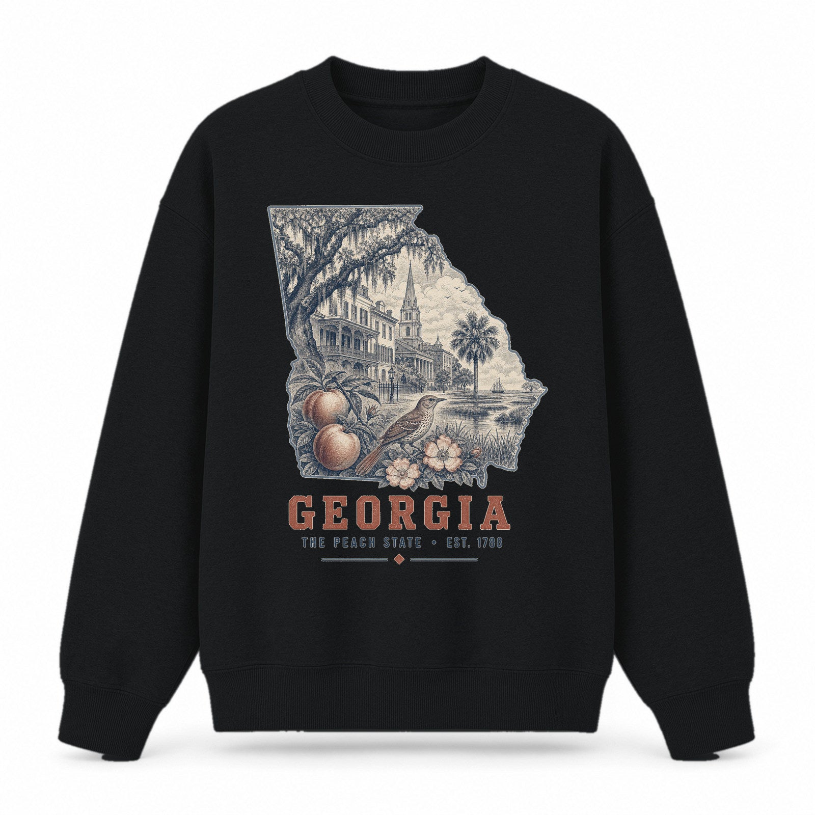 Vintage Georgia State Graphic Crewneck Sweatshirt in Black, front view on a white background