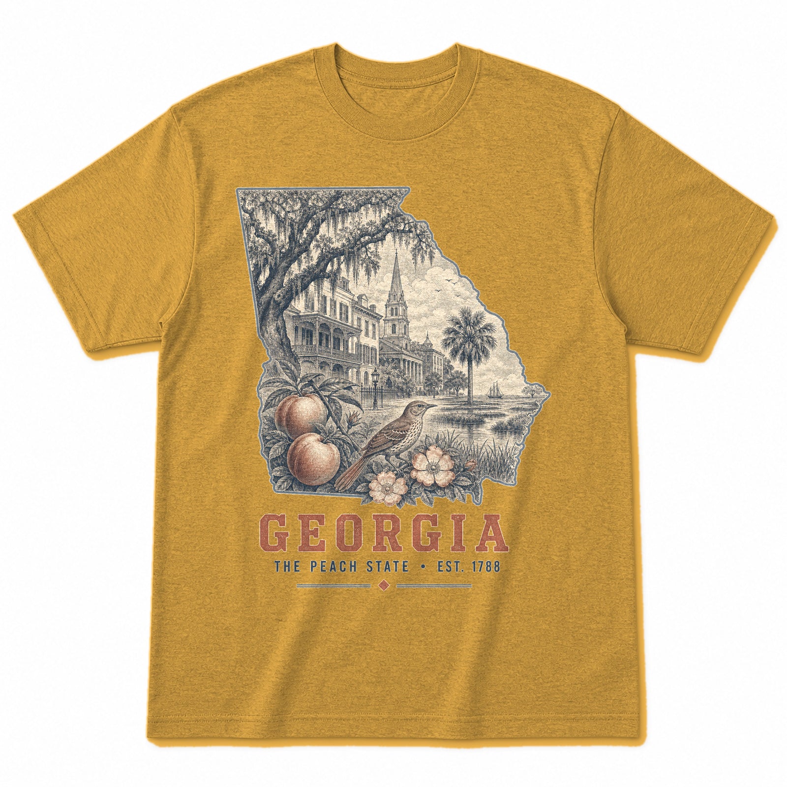 Vintage Georgia State Graphic T-Shirt in Vintage Mustard Yellow, front view on a white background