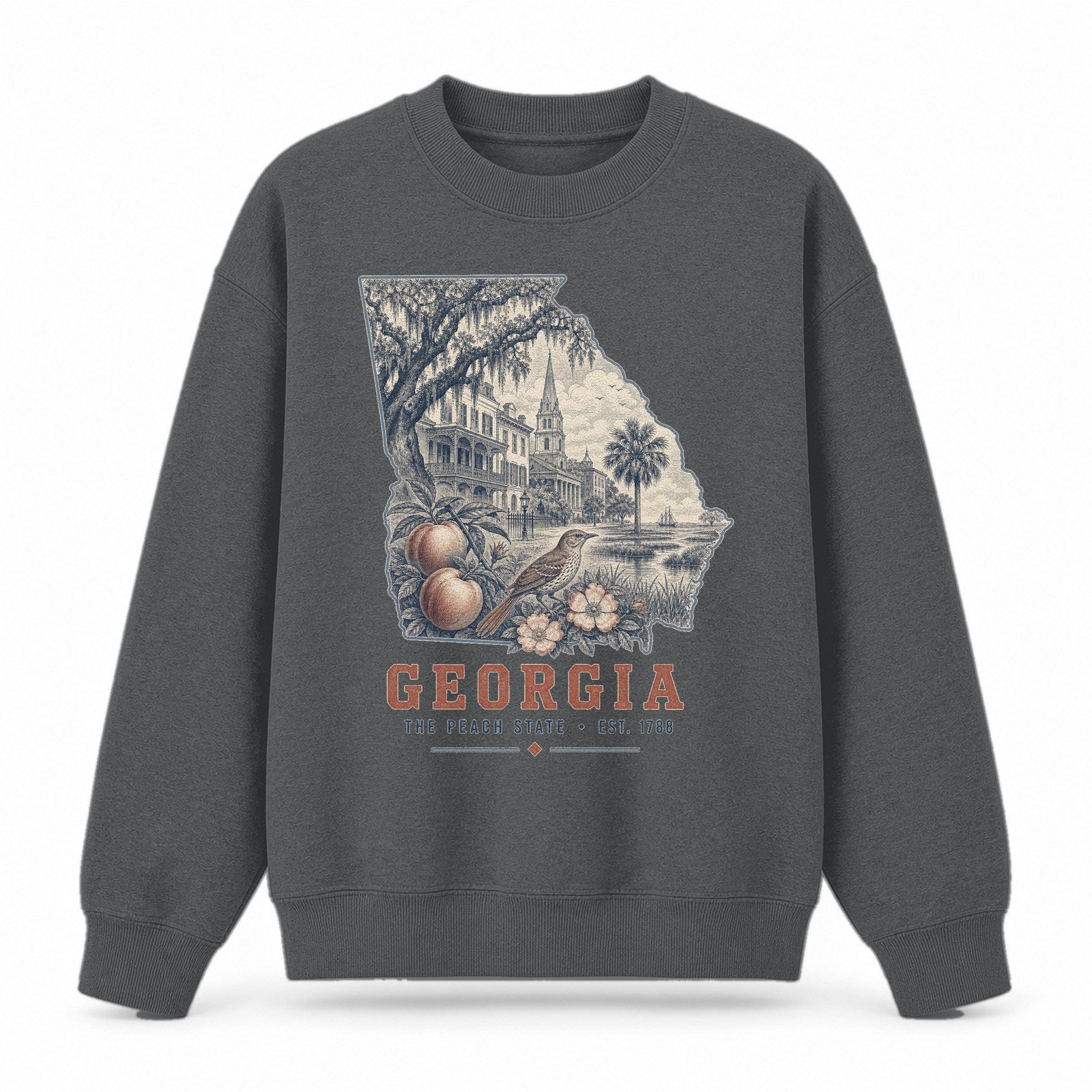 Vintage Georgia State Graphic Crewneck Sweatshirt in Dark Gray, front view on a white background