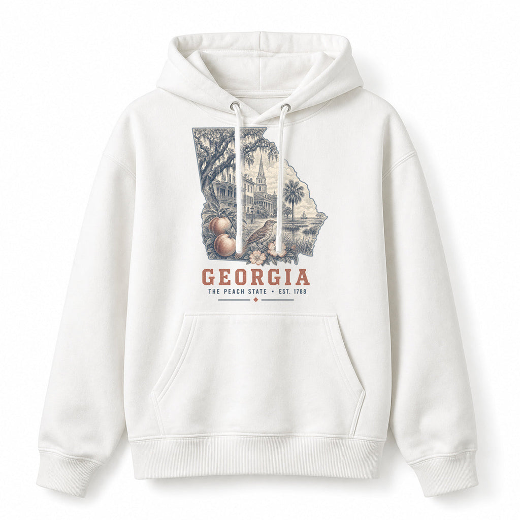 Vintage Georgia State Graphic Pullover Hoodie in White, front view on a white background