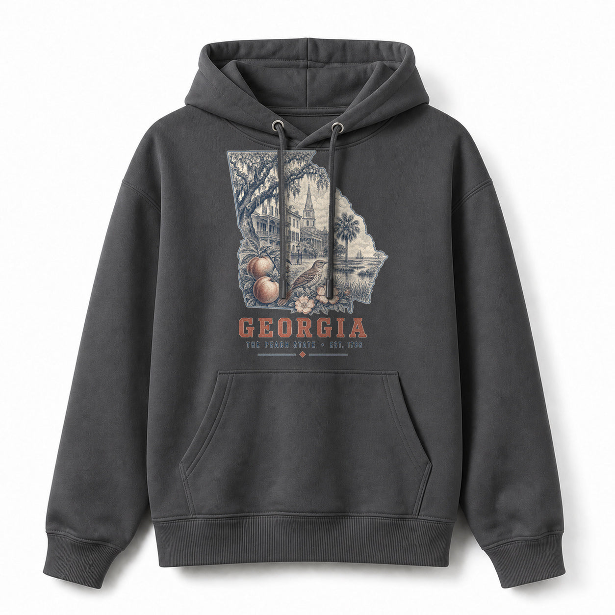 Vintage Georgia State Graphic Pullover Hoodie in Dark Gray, front view on a white background