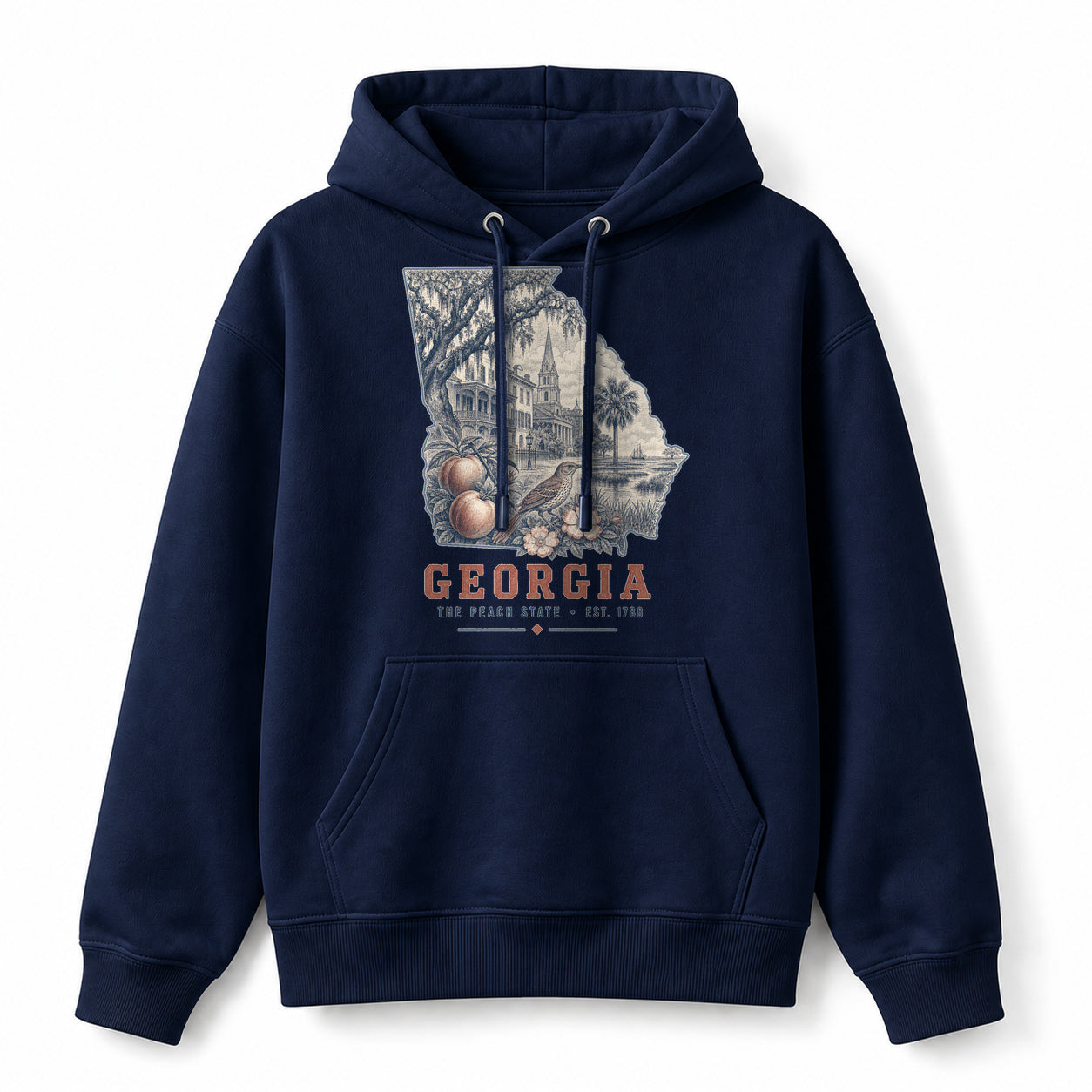 Vintage Georgia State Graphic Pullover Hoodie in Navy, front view on a white background