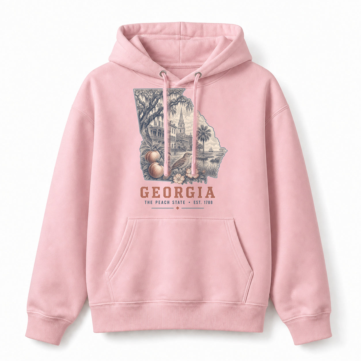 Vintage Georgia State Graphic Pullover Hoodie in Light Pink, front view on a white background