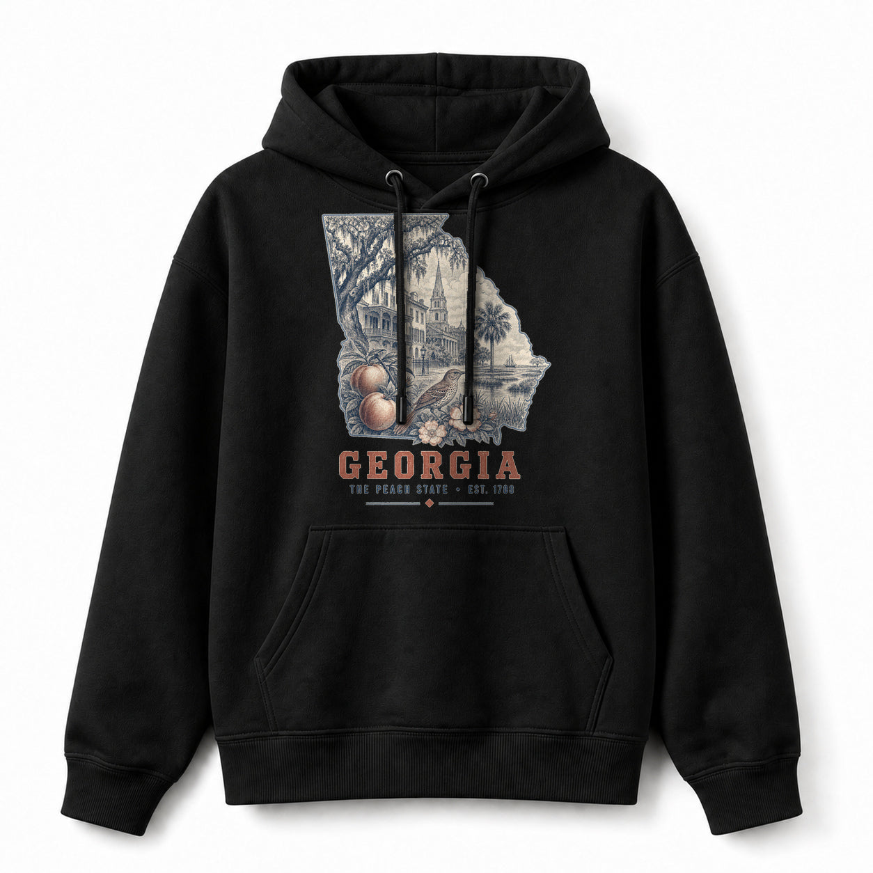 Vintage Georgia State Graphic Pullover Hoodie in Black, front view on a white background