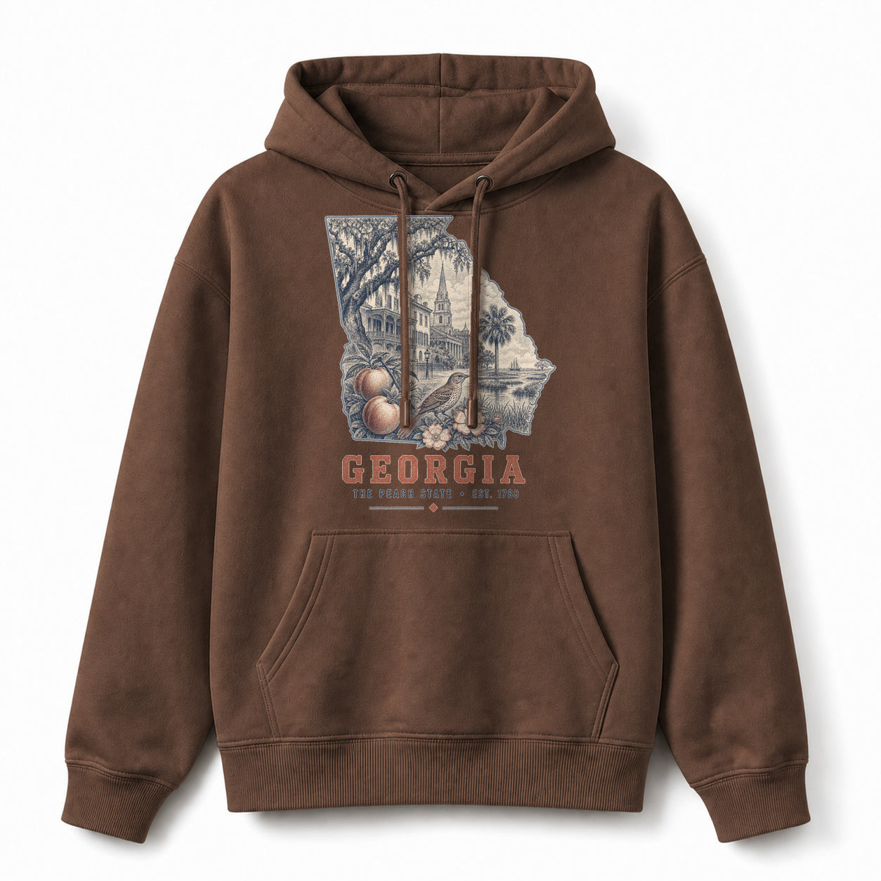 Vintage Georgia State Graphic Pullover Hoodie in Coffee Brown, front view on a white background