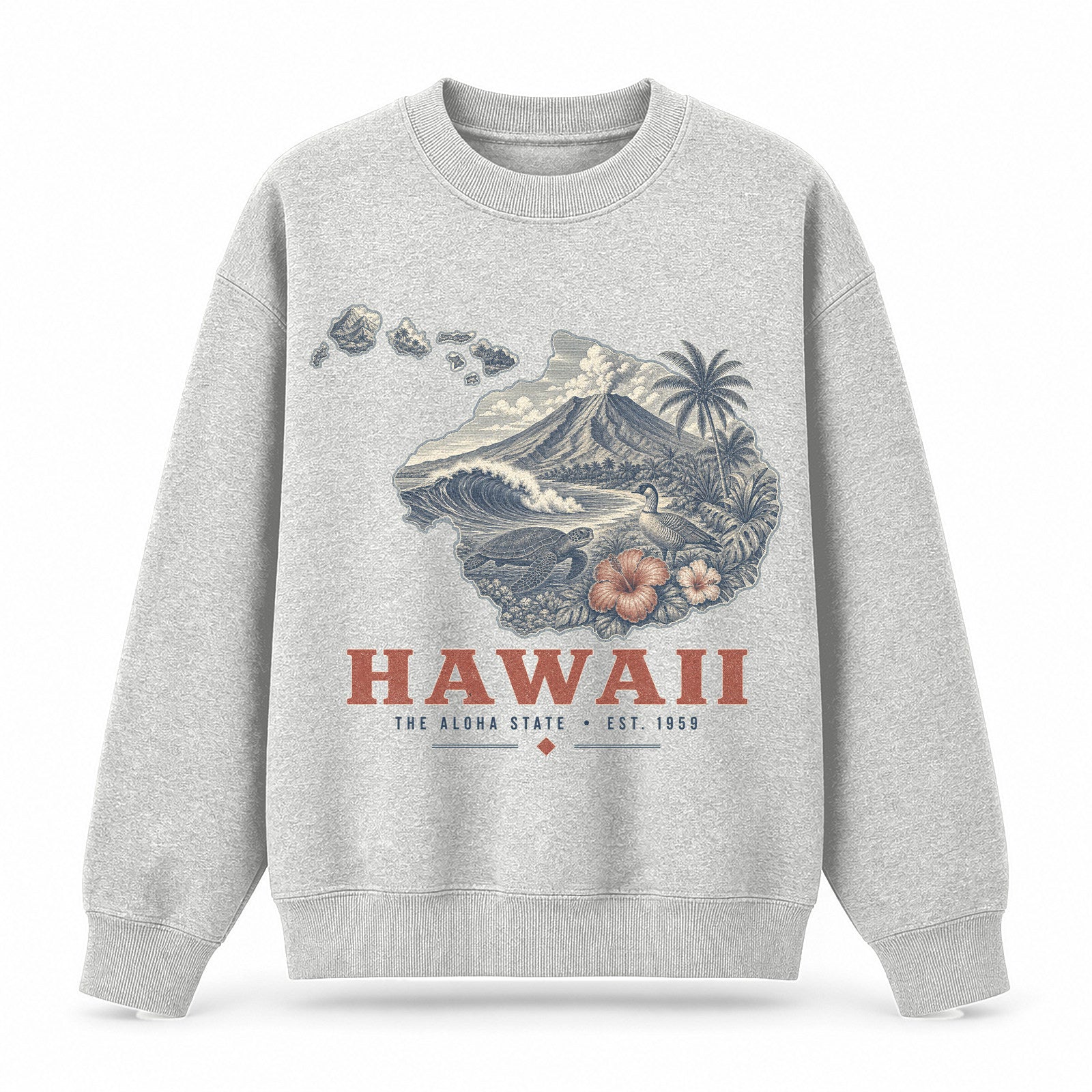 Vintage Hawaii State Graphic Crewneck Sweatshirt in Light Gray, front view on a white background