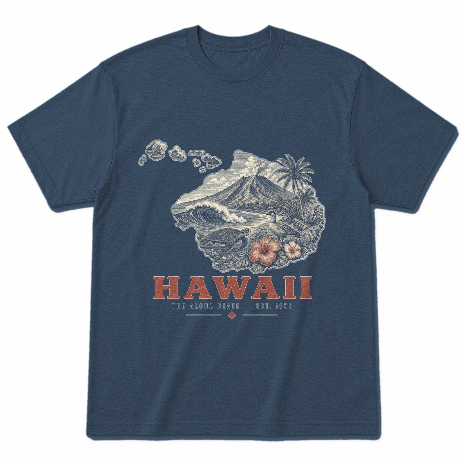 Vintage Hawaii State Graphic T-Shirt in Washed Navy, front view on a white background