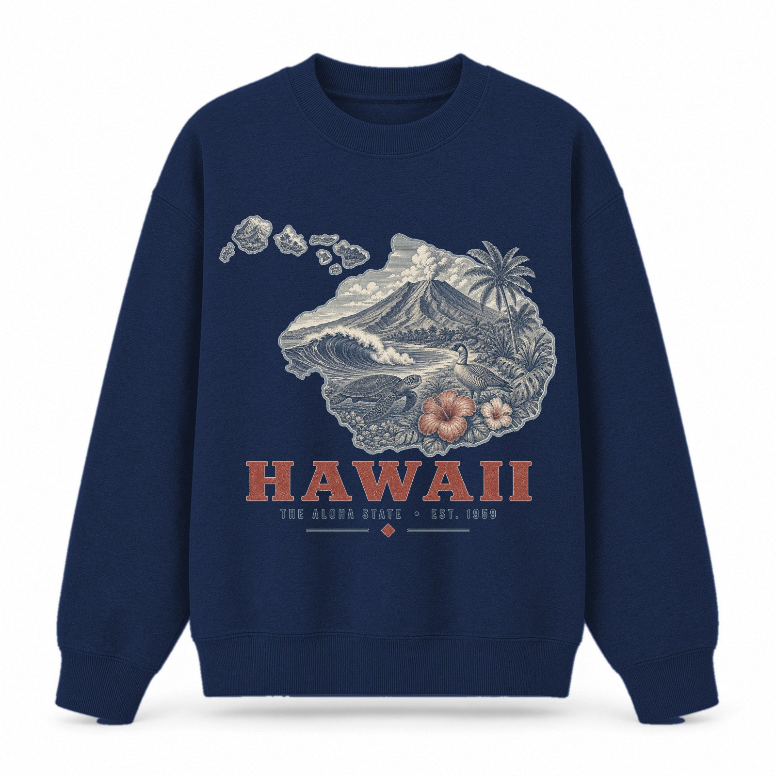 Vintage Hawaii State Graphic Crewneck Sweatshirt in Navy, front view on a white background