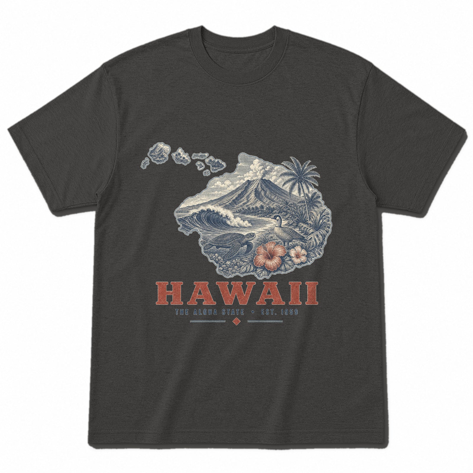 Vintage Hawaii State Graphic T-Shirt in Vintage Charcoal, front view on a white background